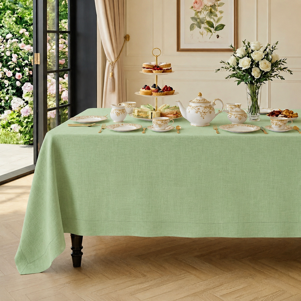 Sage green pure linen tablecloth with mitered corners, 52 x 52 inches
