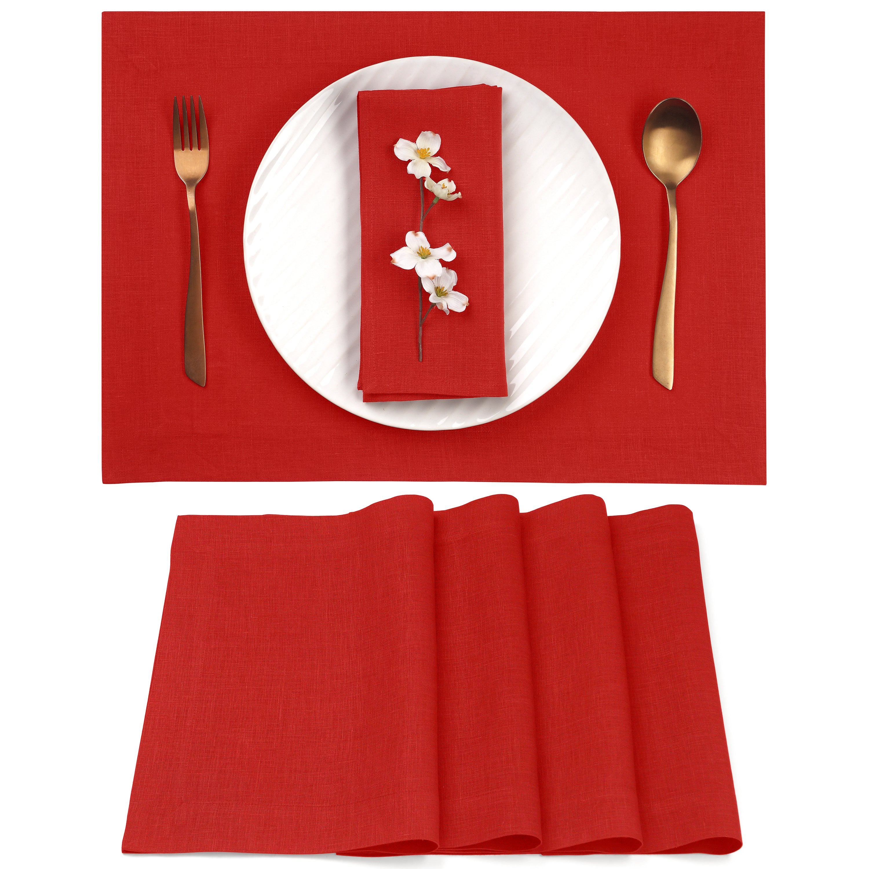 Bright red pure linen placemats with mitered corners, 14 x 19 inches, set of 4