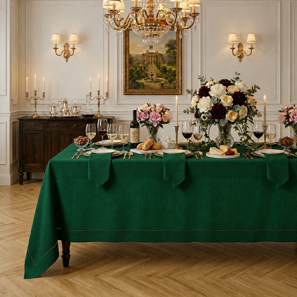Forest green pure linen tablecloth with hemstitch edge, 52 x 52 inches