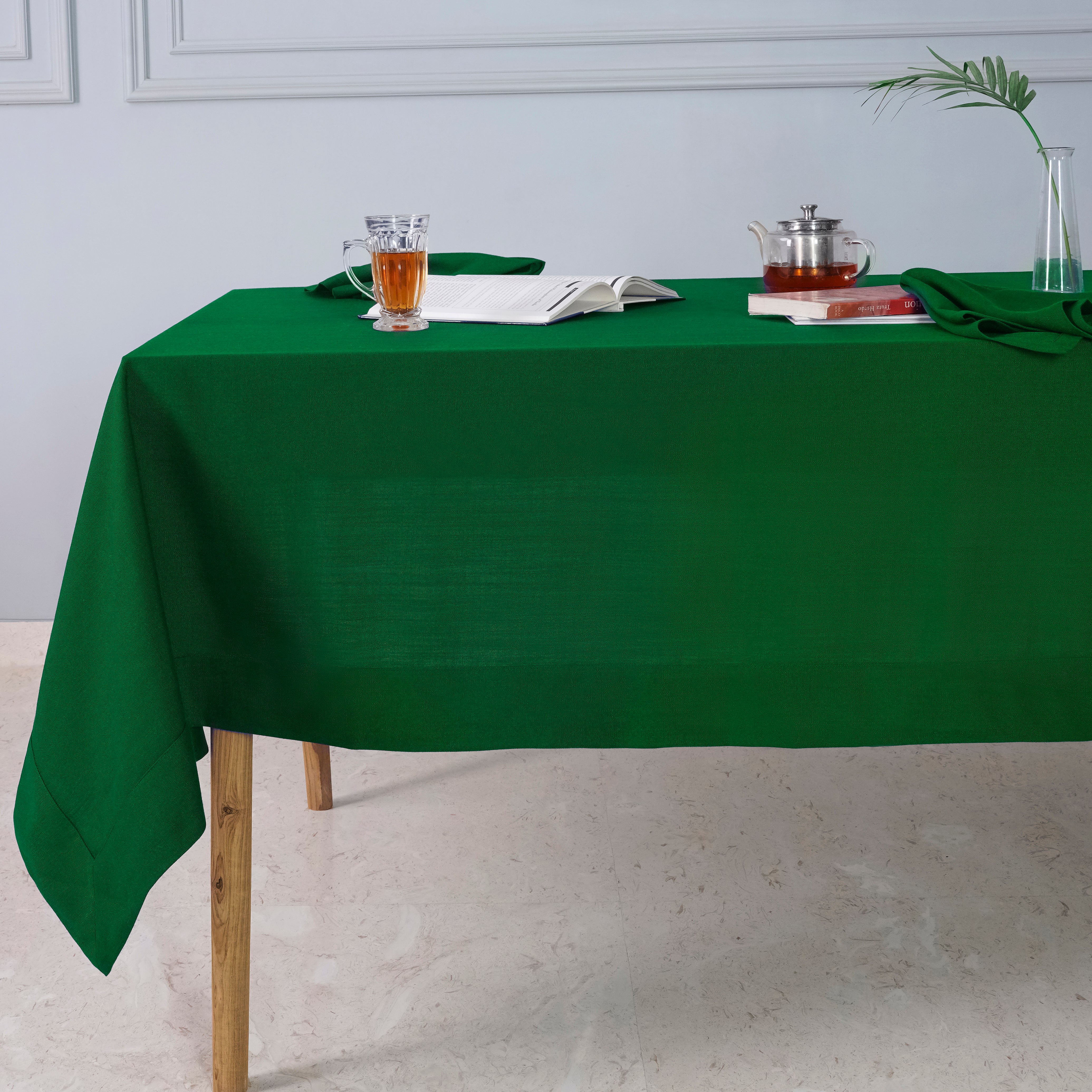 Eden green faux linen tablecloth with mitered corners, 52 x 52 inches
