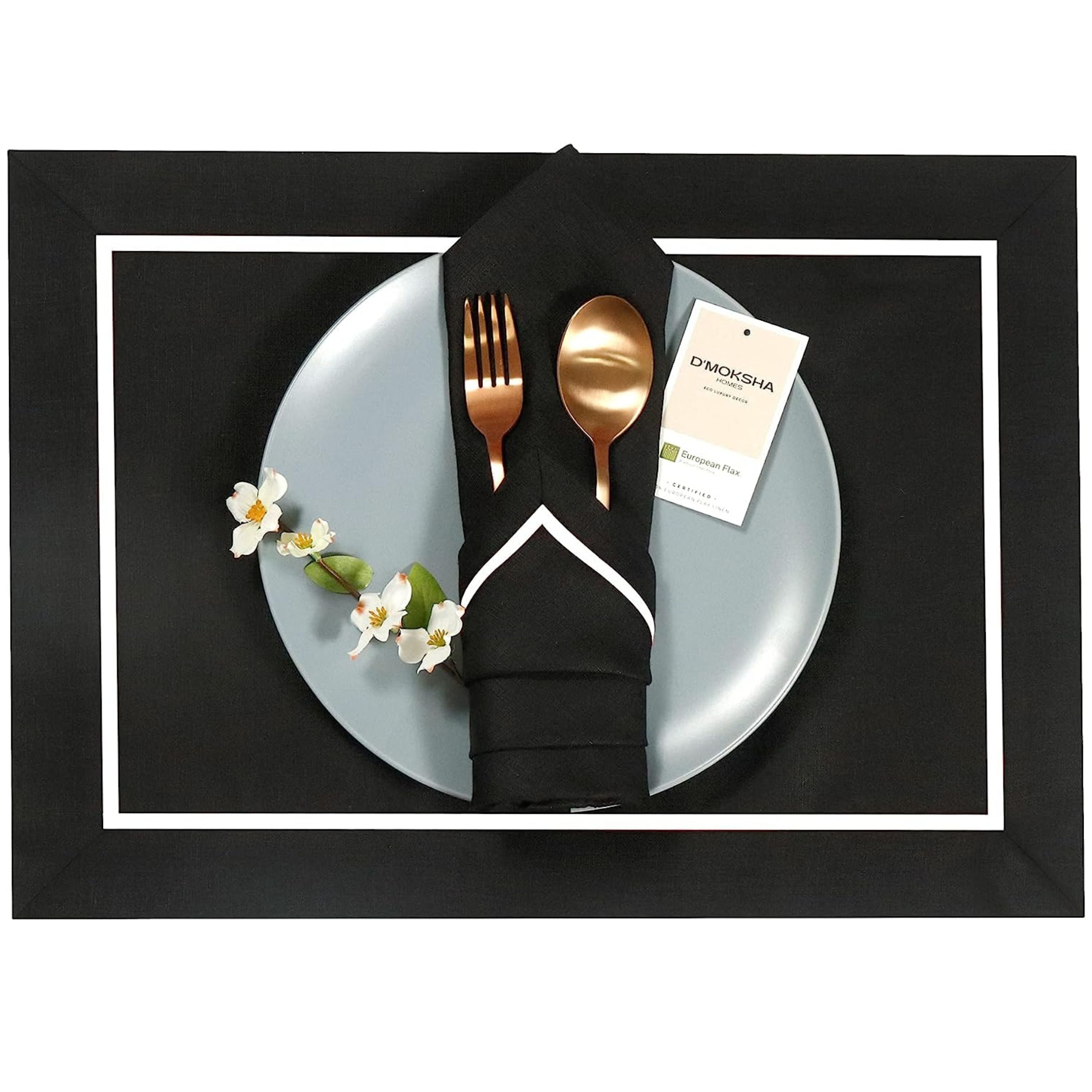 Black and white pure linen placemats with reversible design, 14 x 19 inches, set of 4