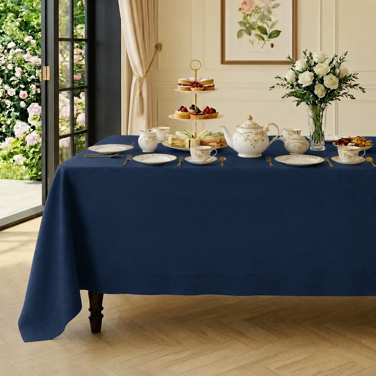 Navy blue pure linen tablecloth with mitered corners, 52 x 52 inches