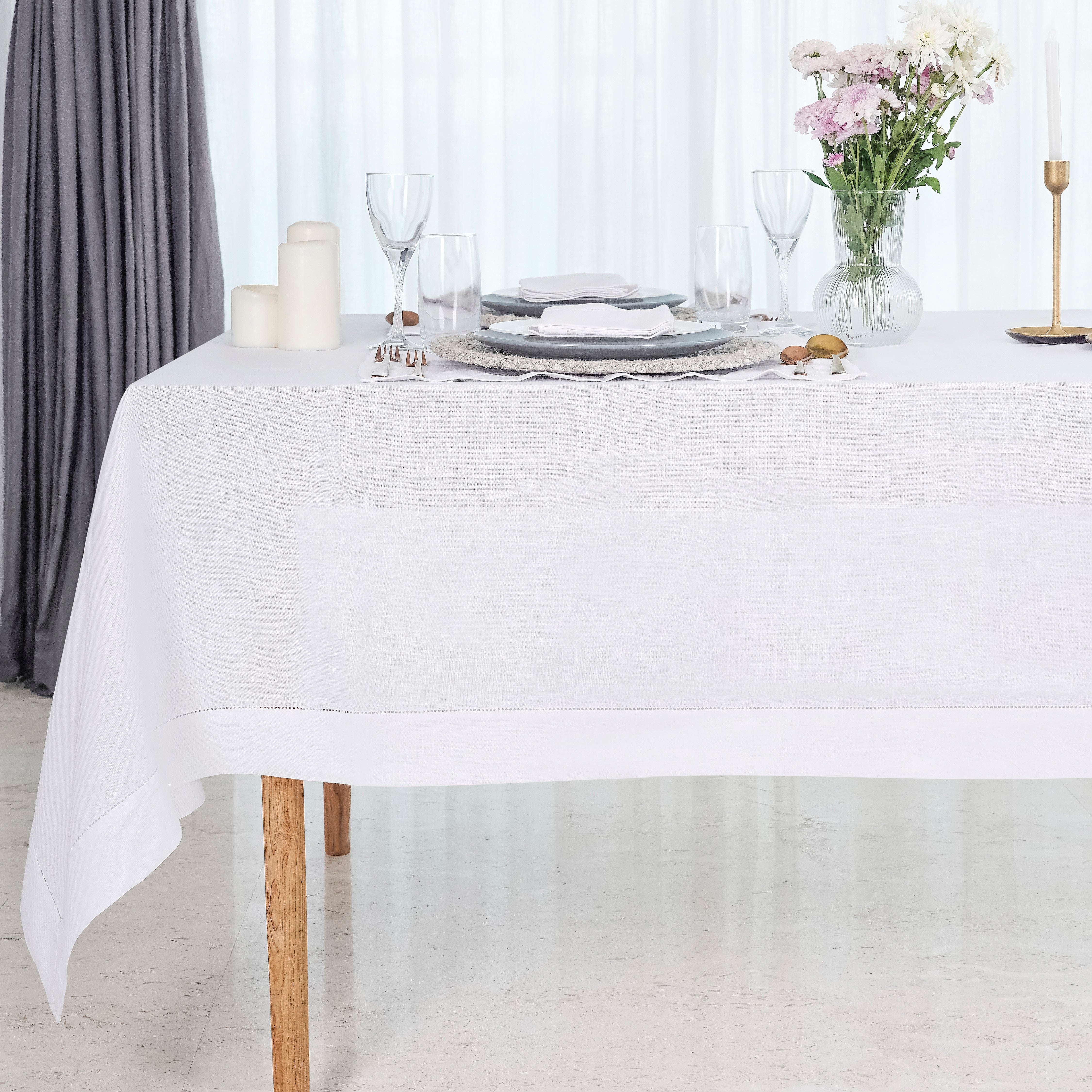 White Pure Linen Tablecloth, Hemstitch