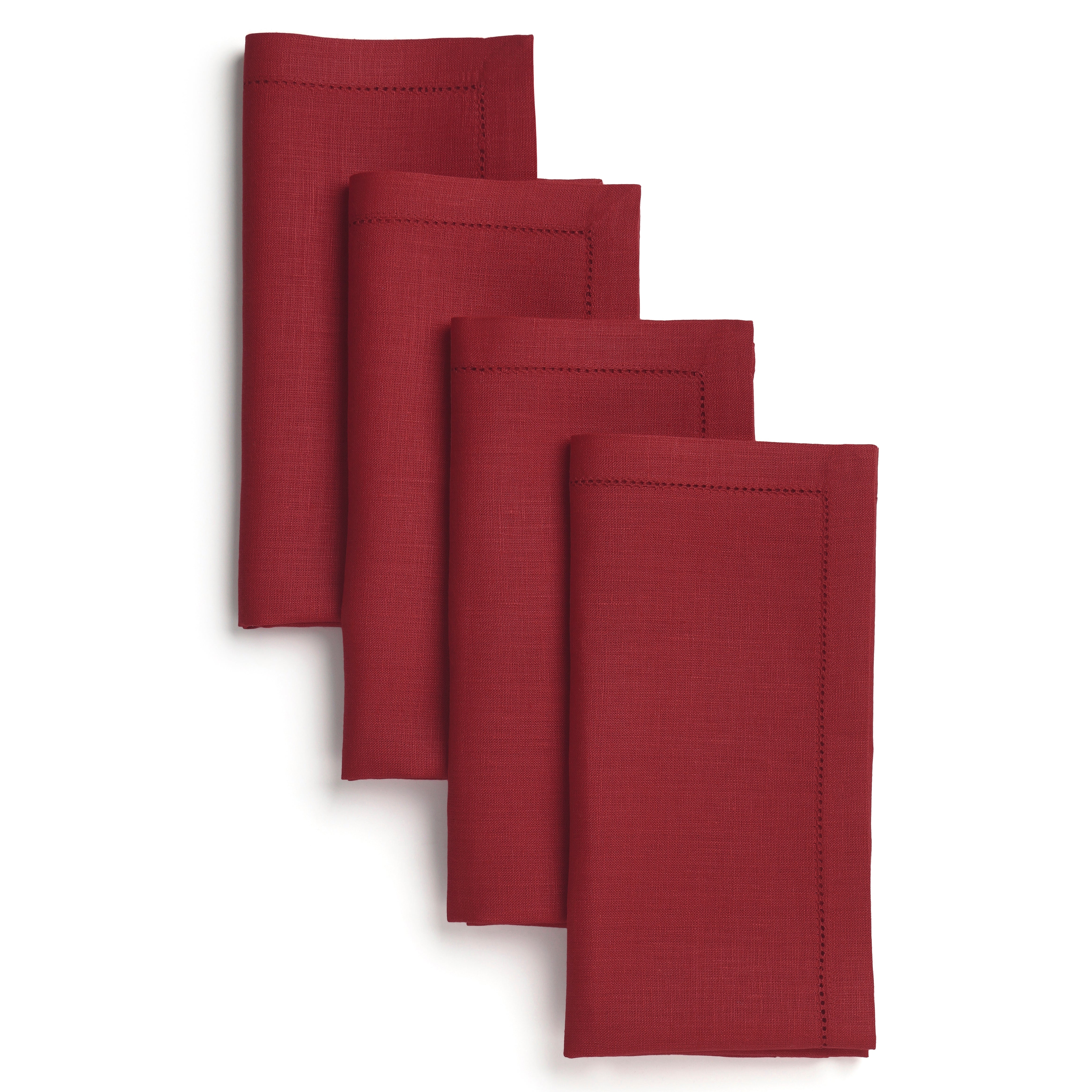 Red pure linen dinner napkins with hemstitch edge, 20 x 20 inches, set of 4