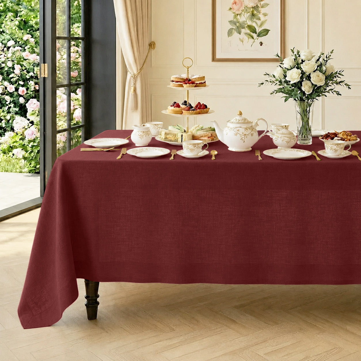 Dark red pure linen tablecloth with mitered corners, 52 x 52 inches
