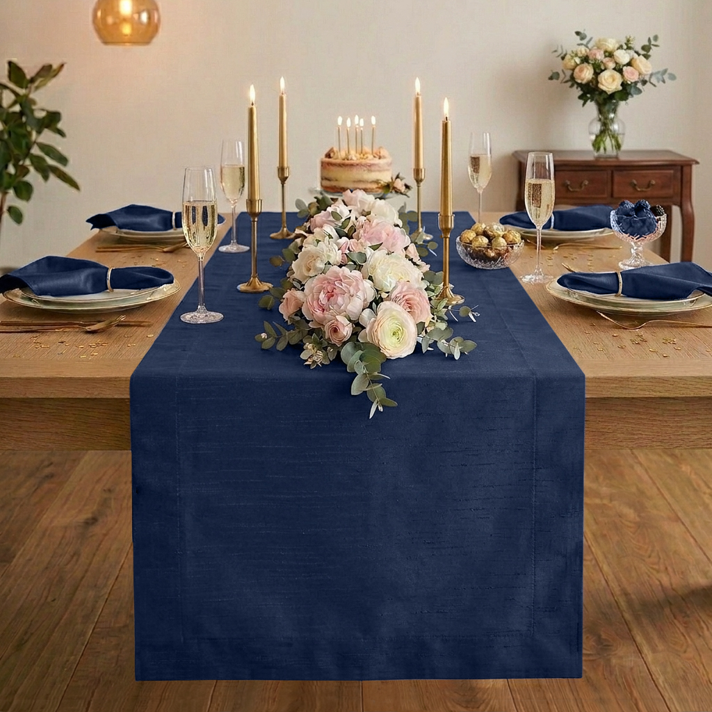 Luxe Shine™ Navy Blue Table Runner - Mitered Corner