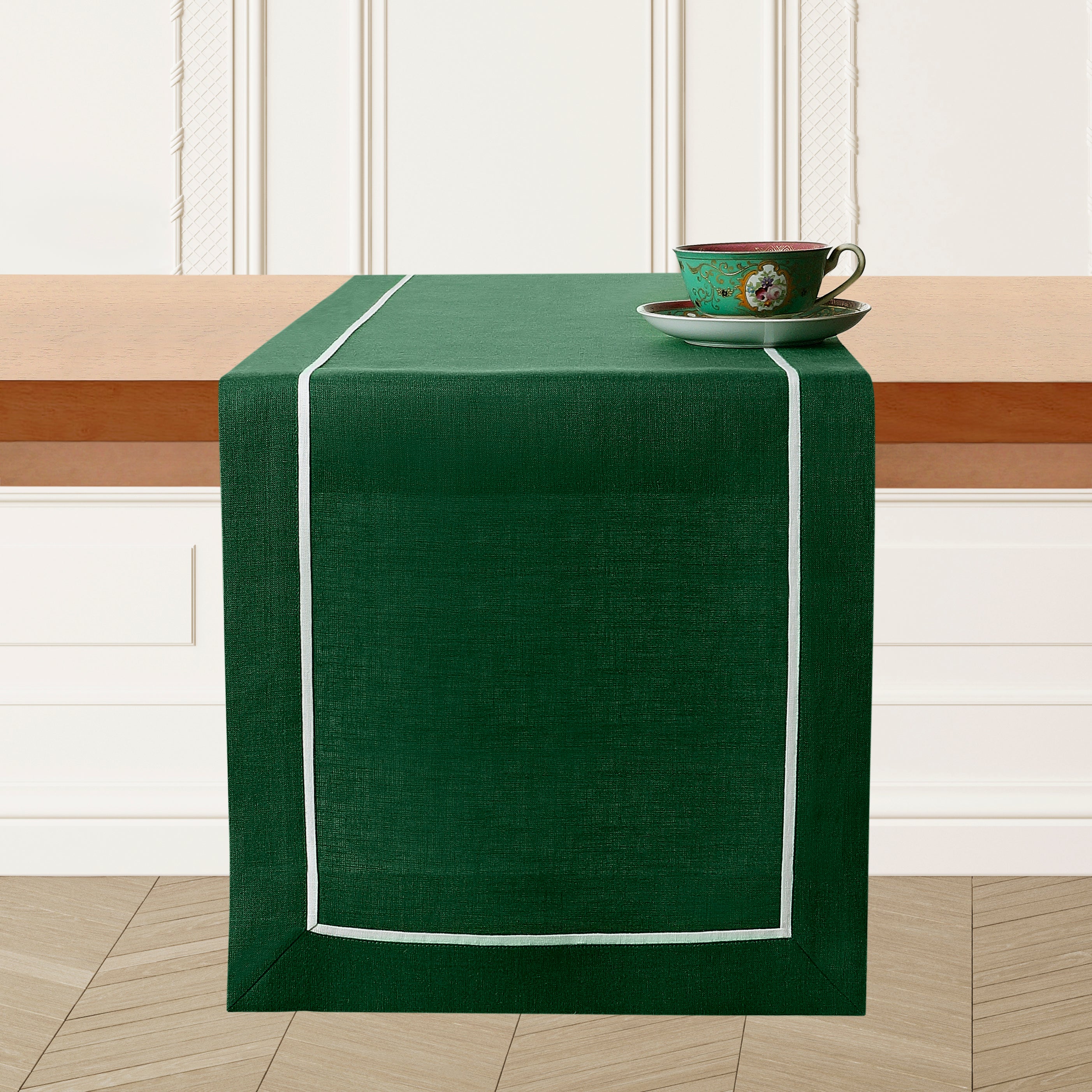 Forest green and white pure linen table runner with reversible design, 14 x 36 inches