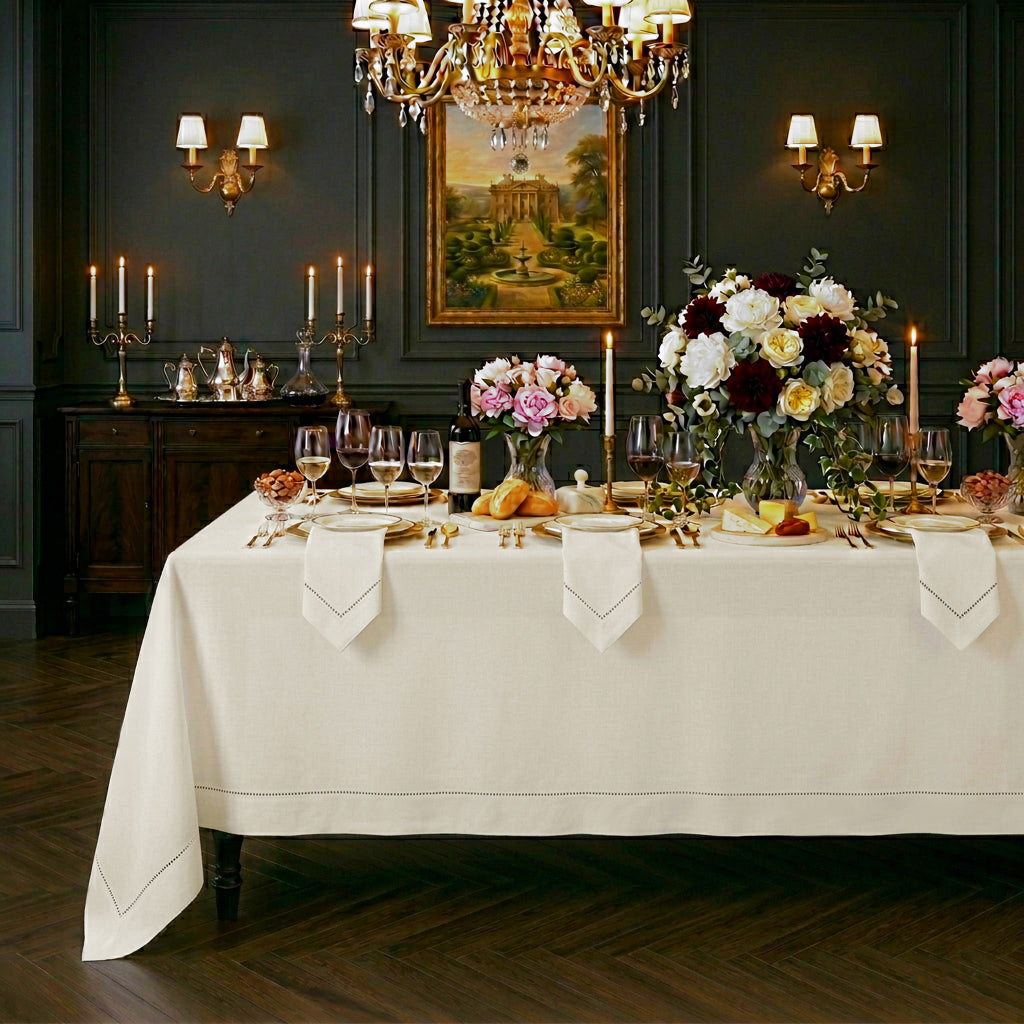 Ivory pure linen tablecloth with hemstitch edge, 52 x 52 inches