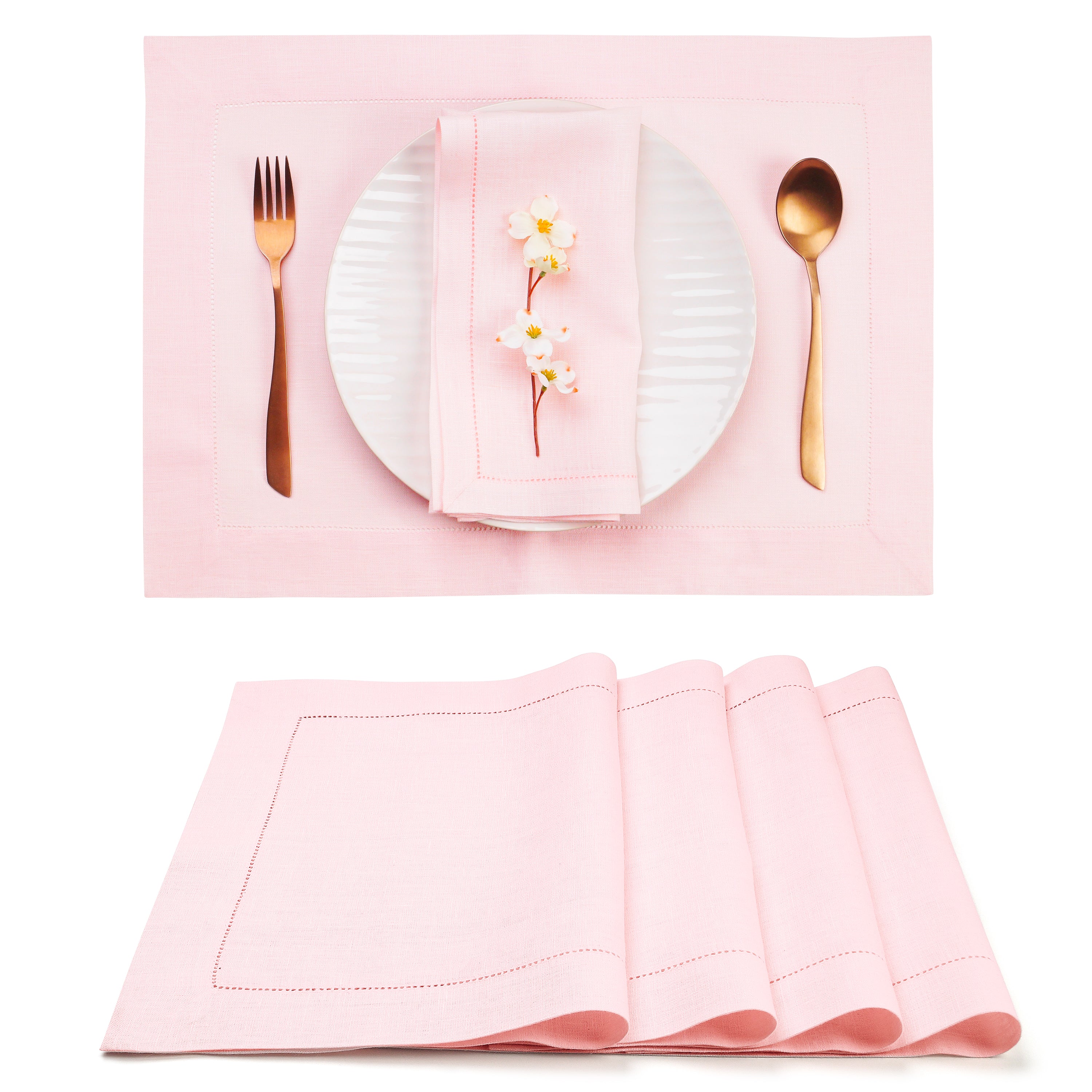 Pastel pink pure linen placemats with hemstitch edge, 14 x 19 inches, set of 4