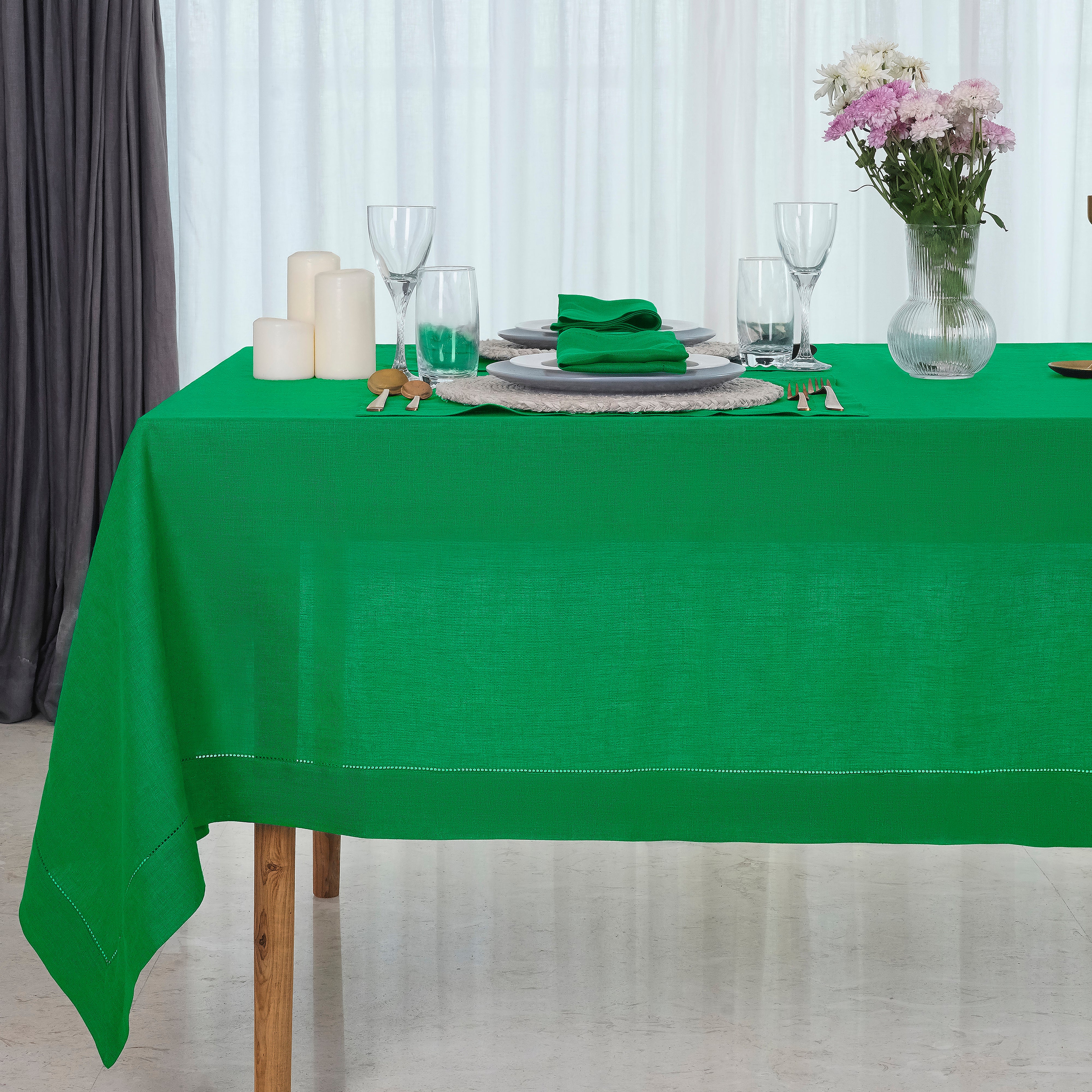 Kelly green pure linen tablecloth with hemstitch edge, 52 x 52 inches