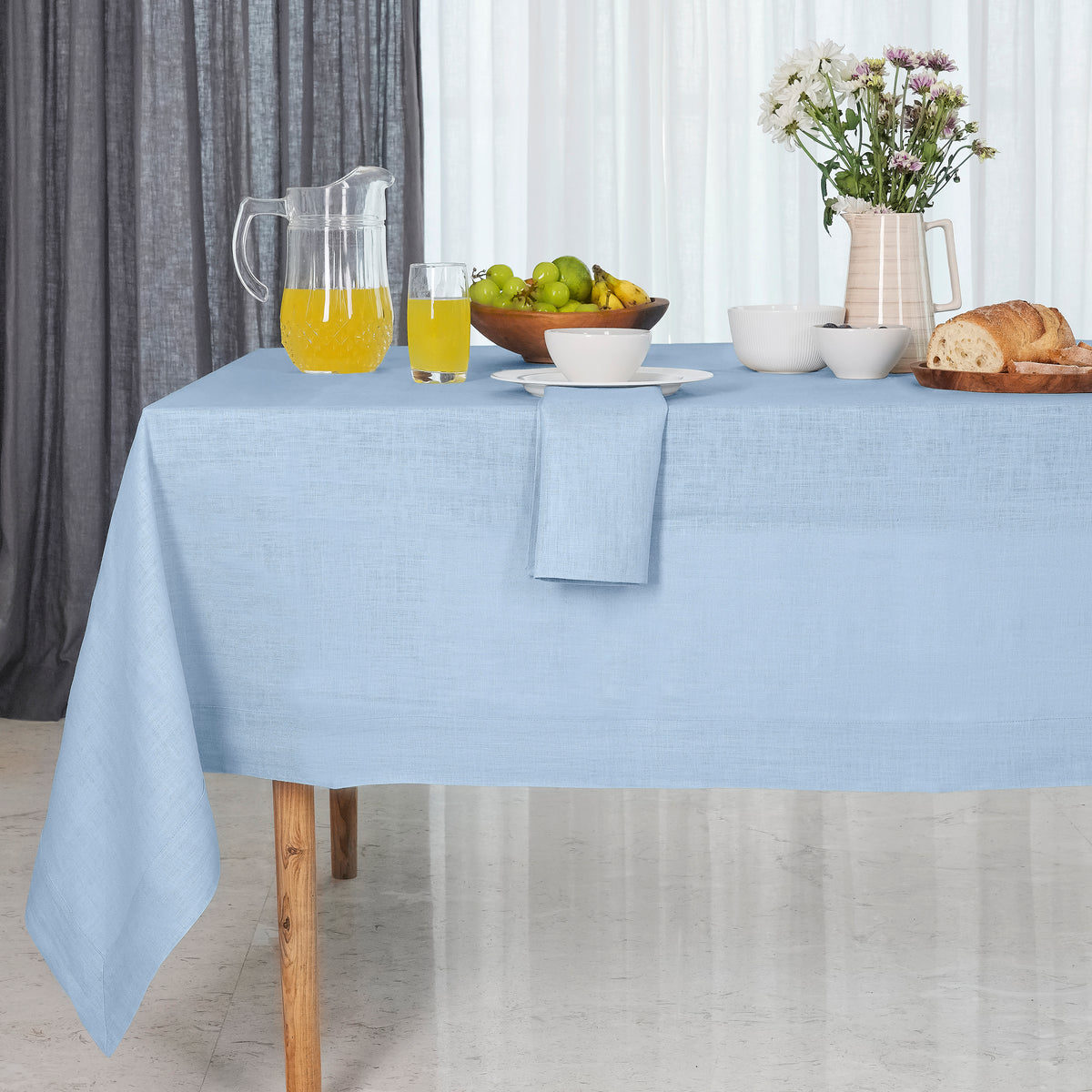 Powder blue pure linen tablecloth with mitered corners, 52 x 52 inches