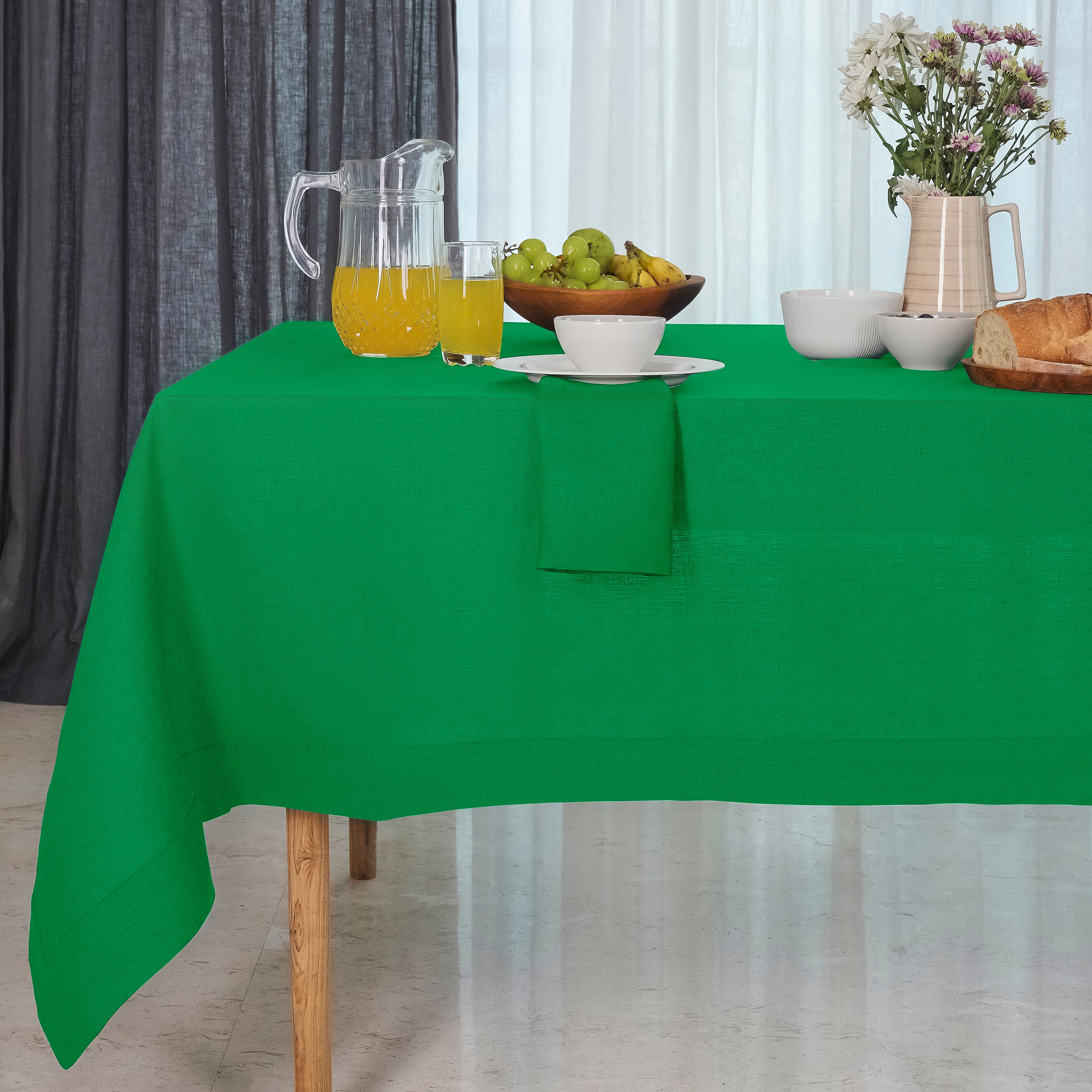 Kelly green pure linen tablecloth with mitered corners, 52 x 52 inches