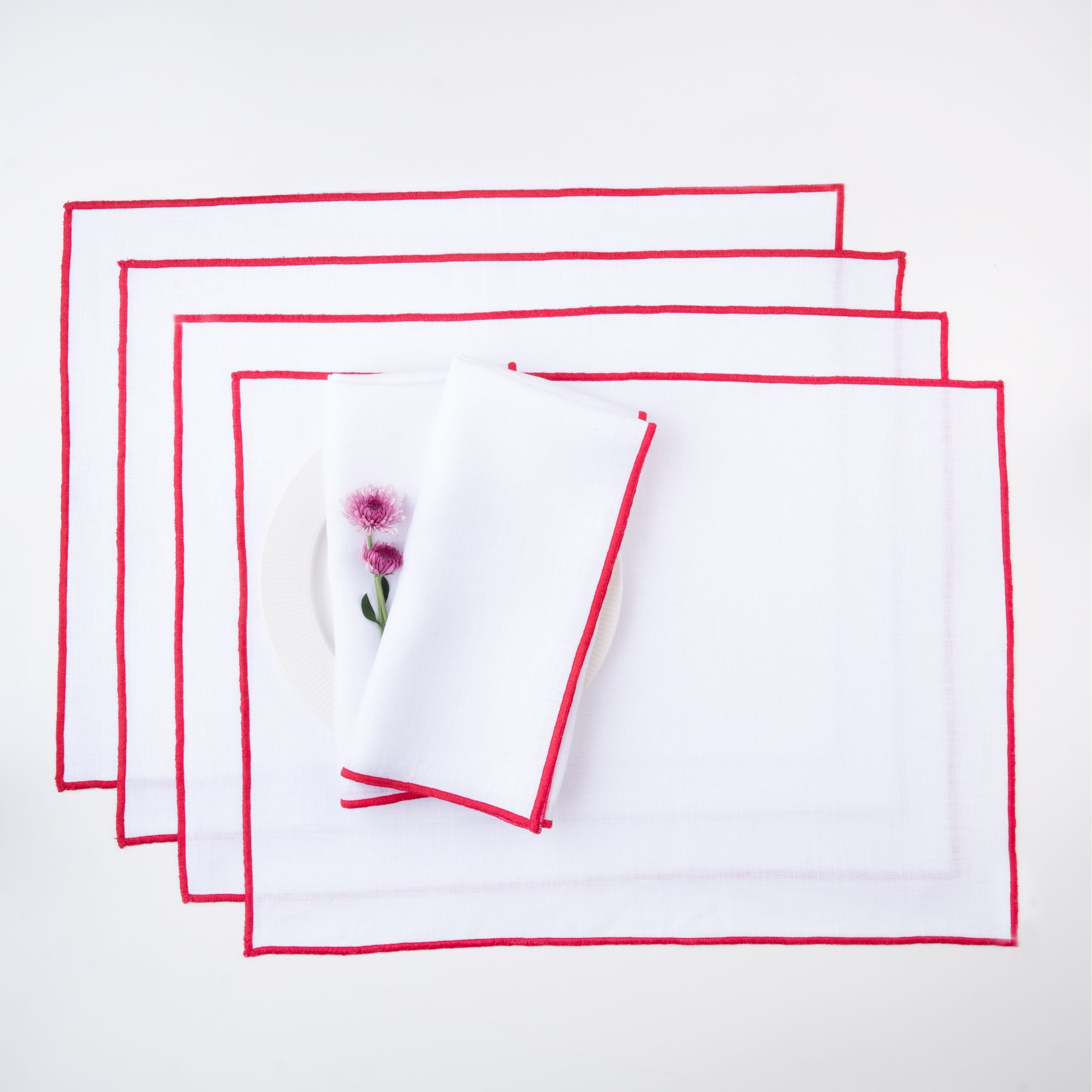 White and red pure linen placemats with marrow edge, 14 x 19 inches, set of 4