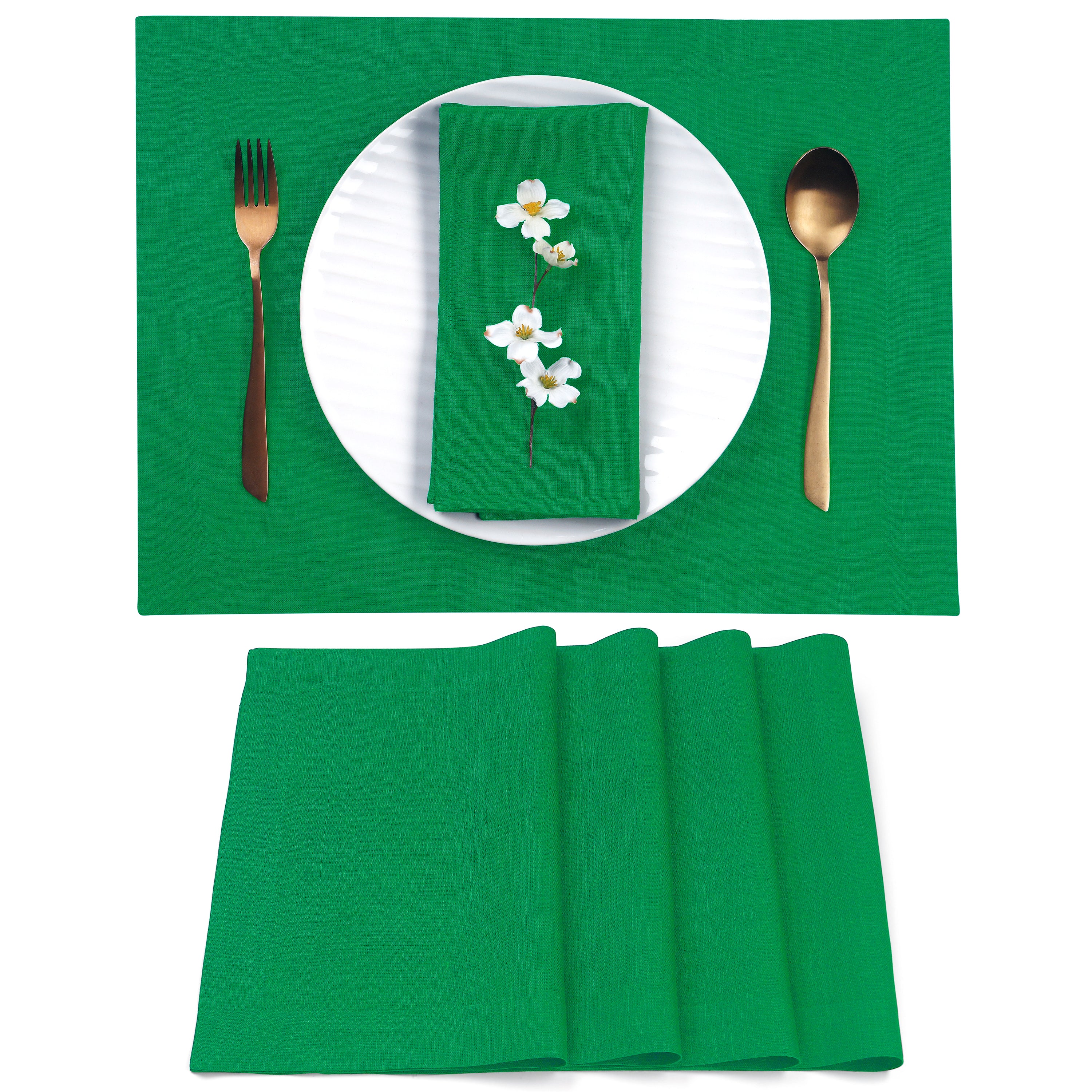 Kelly green pure linen placemats with mitered corners, 14 x 19 inches, set of 4