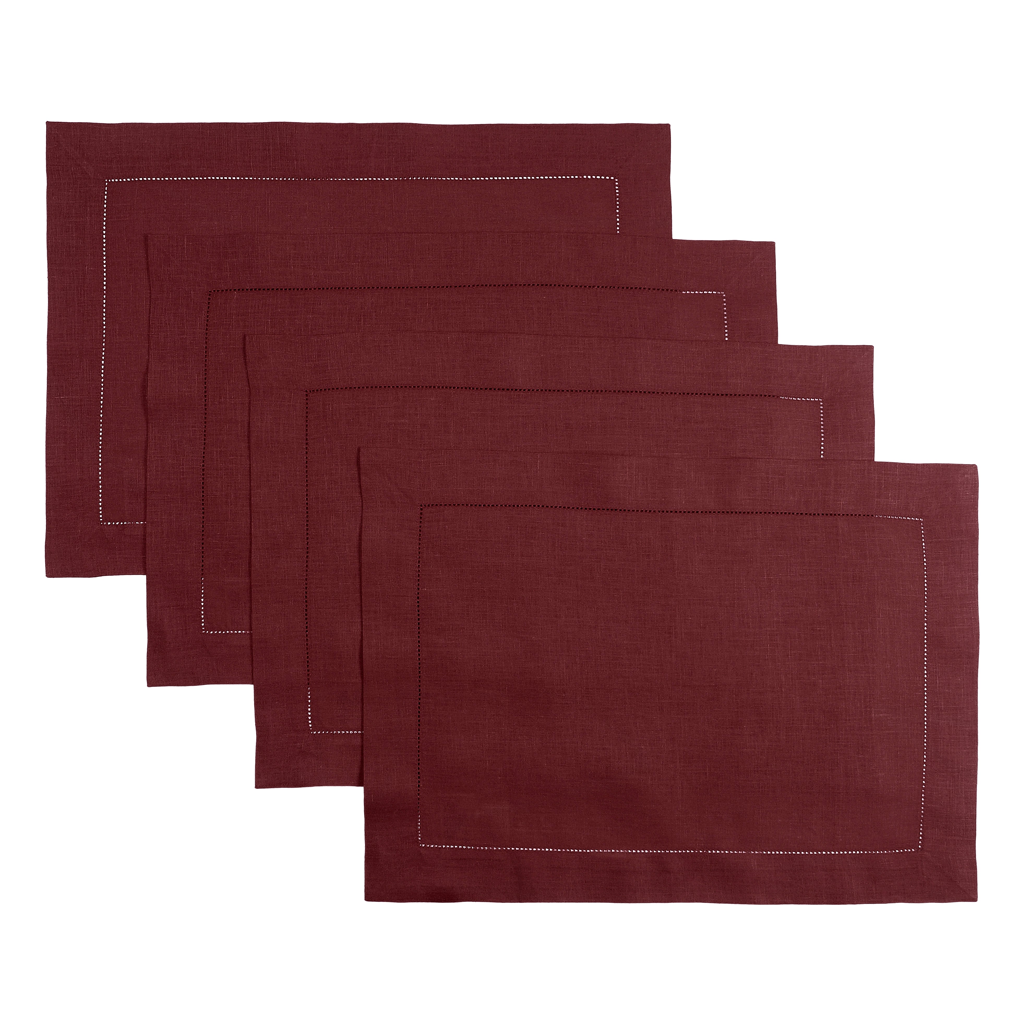 Dark red pure linen placemats with hemstitch edge, 14 x 19 inches, set of 4