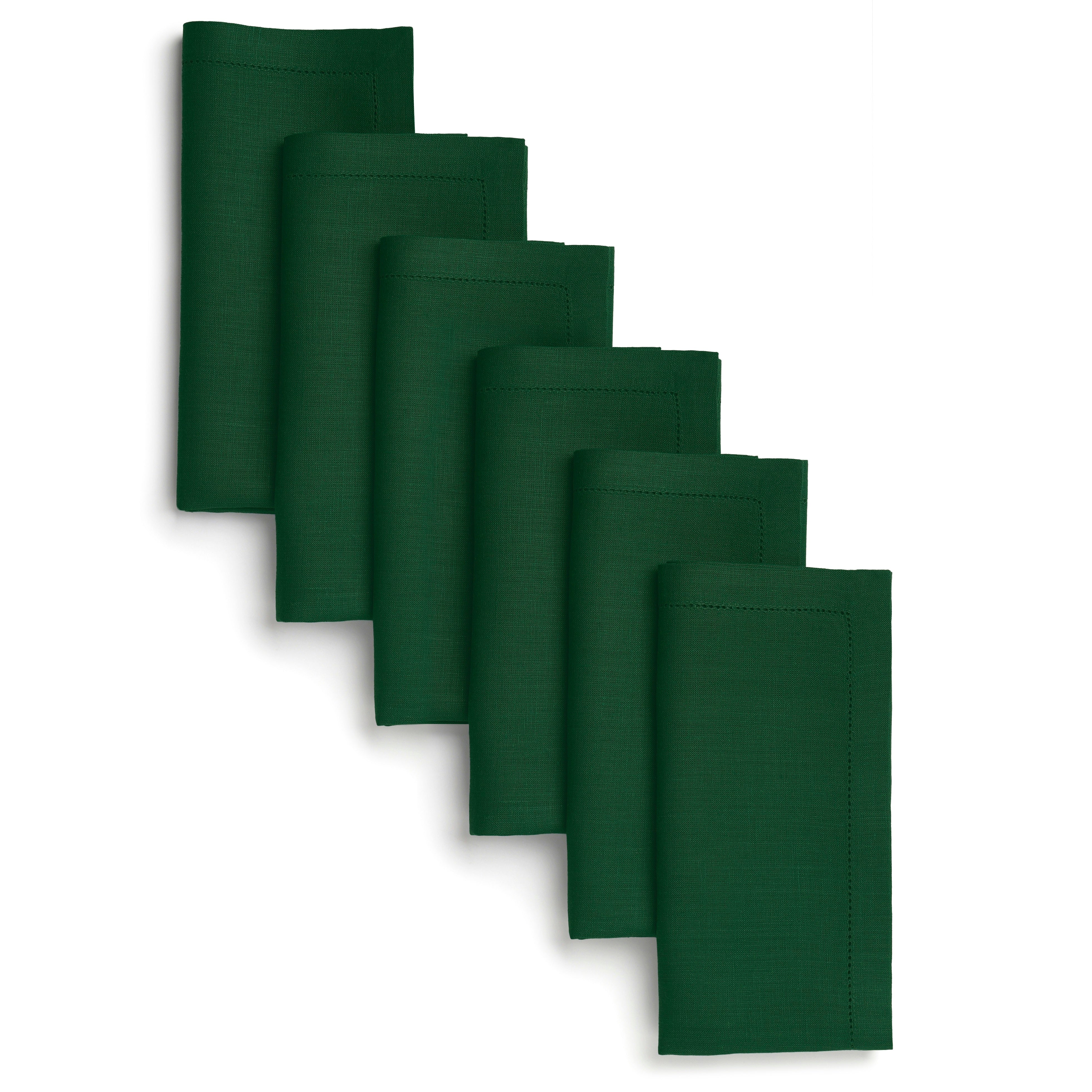 Forest green pure linen dinner napkins with hemstitch edge, 20 x 20 inches, set of 6