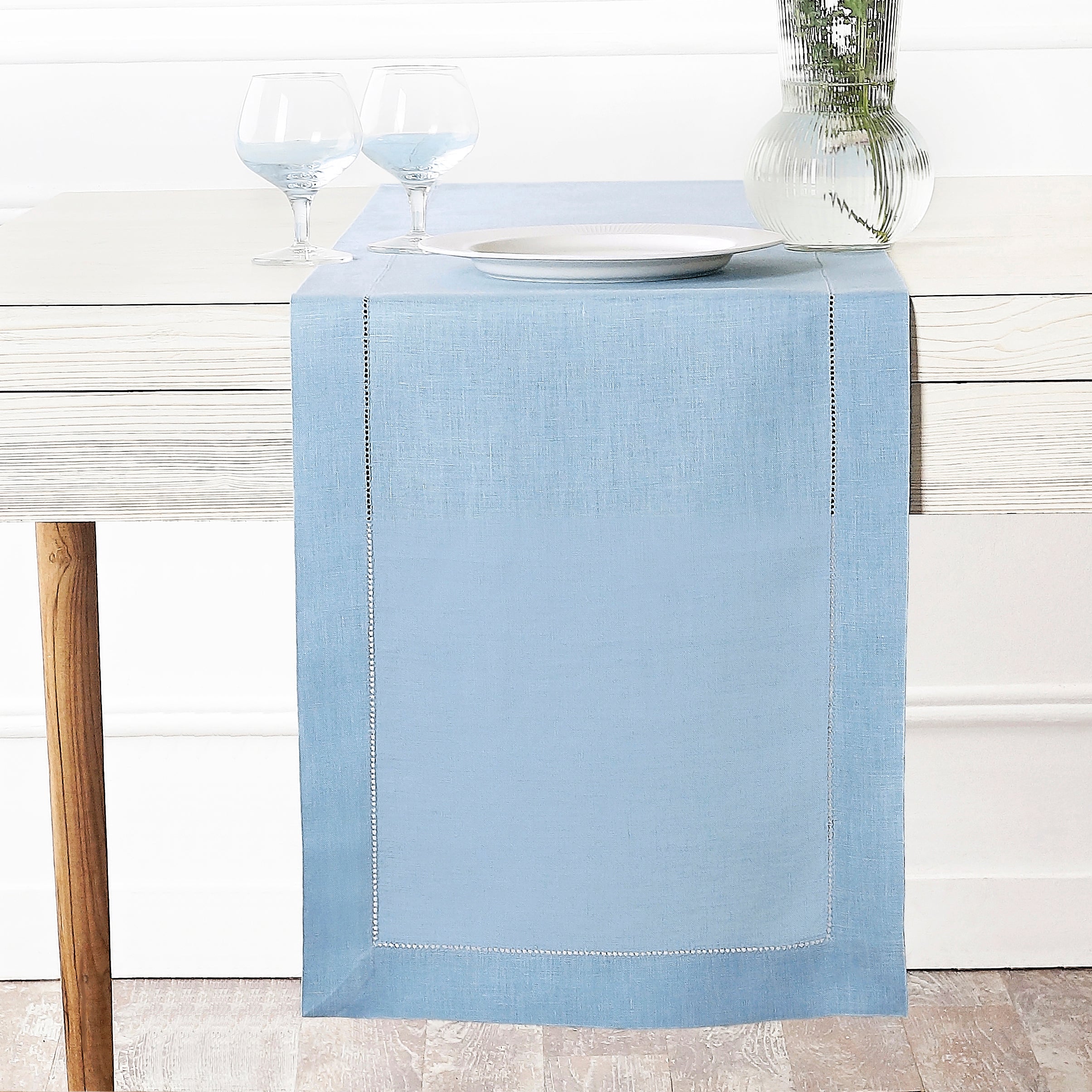 Powder blue pure linen table runner with hemstitch edge, 14 x 36 inches