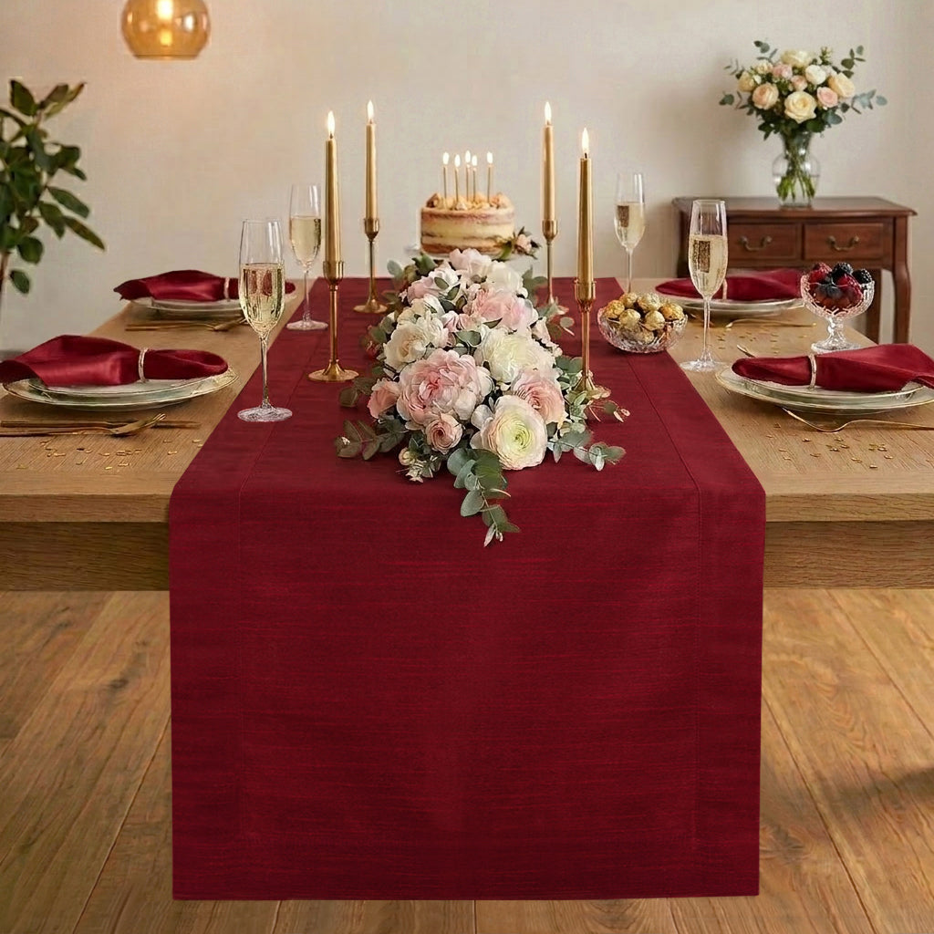Red Luxe Shine table runner with mitered corners, 14 x 36 inches