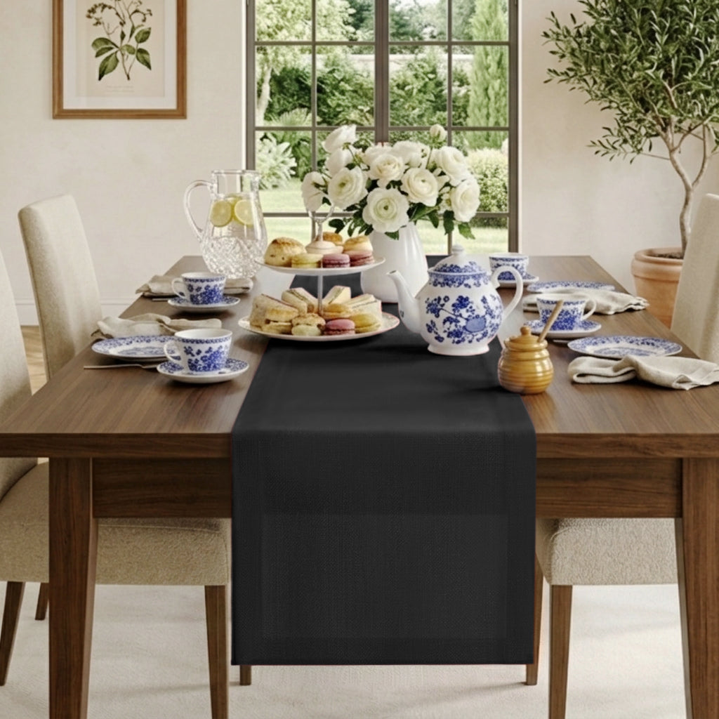 Black pure linen table runner with mitered corners, 14 x 36 inches