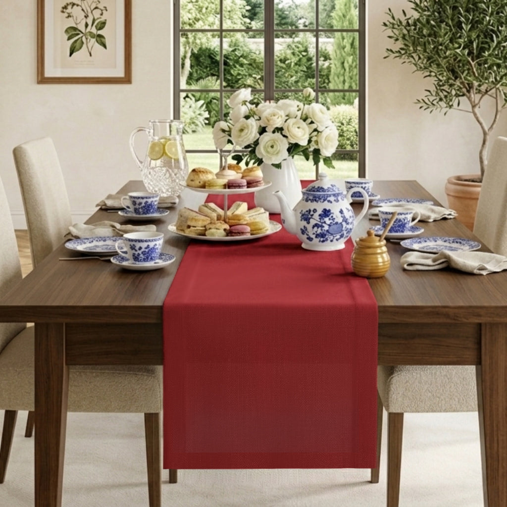 Red pure linen table runner with mitered corners, 14 x 36 inches