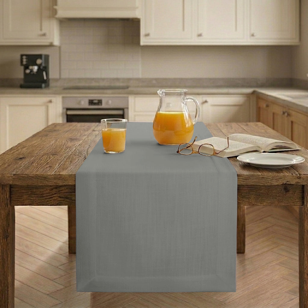 Charcoal grey faux linen table runner with mitered corners, 14 x 36 inches