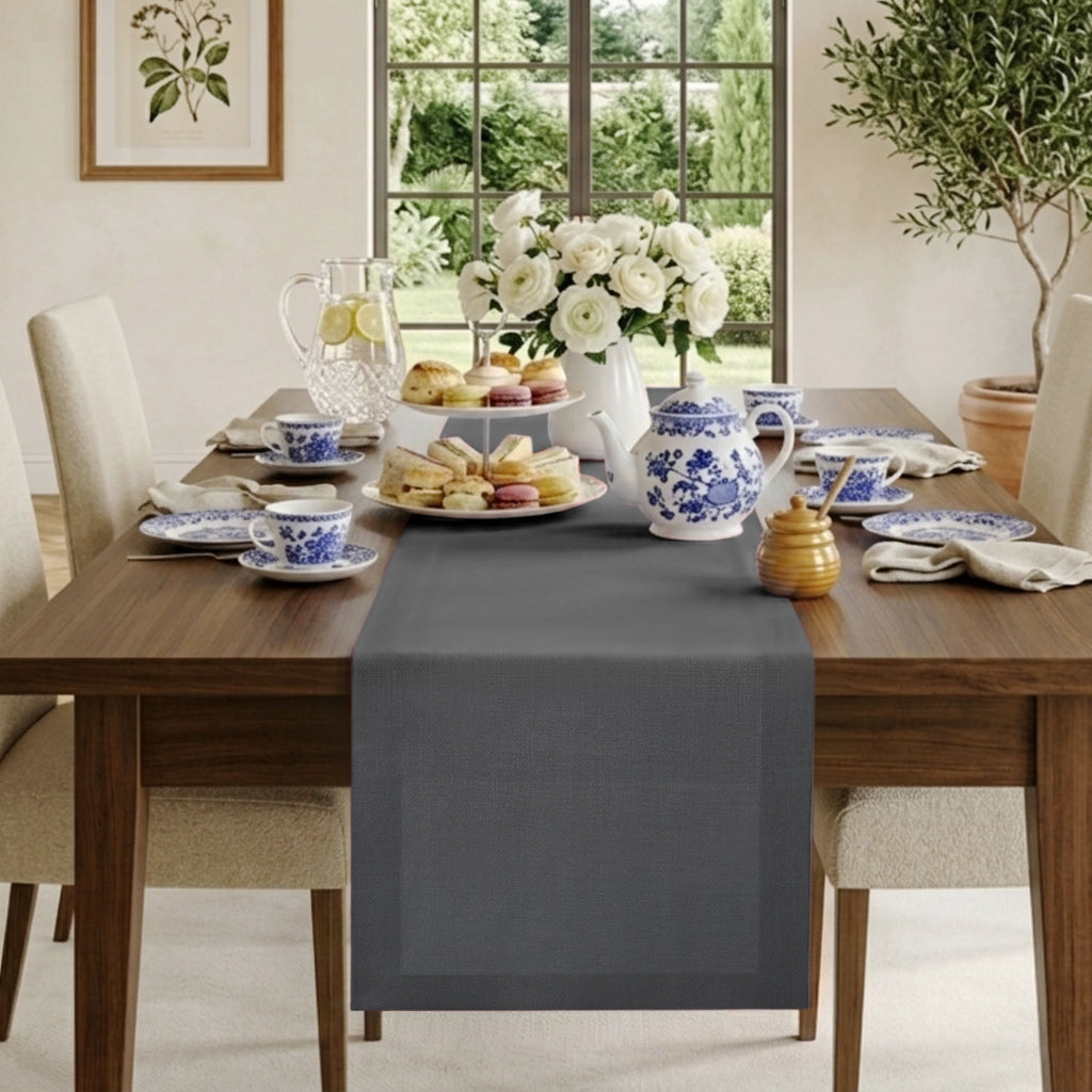 Charcoal grey pure linen table runner with mitered corners, 14 x 36 inches