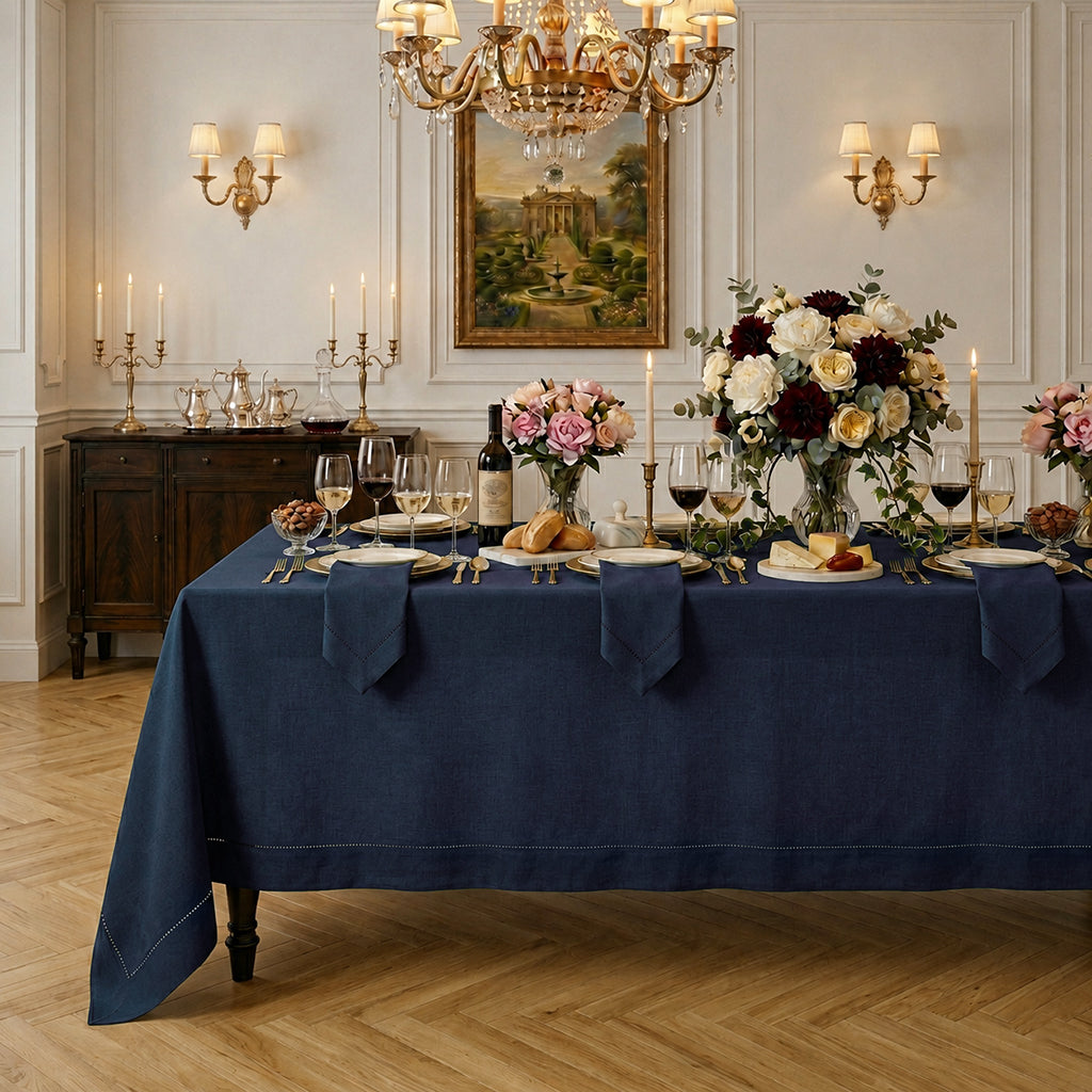Navy blue pure linen tablecloth with hemstitch edge, 52 x 52 inches