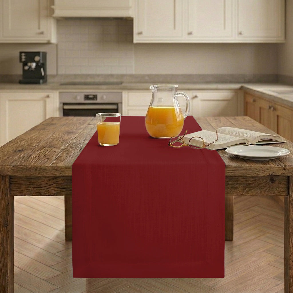 Red faux linen table runner with mitered corners, 14 x 36 inches