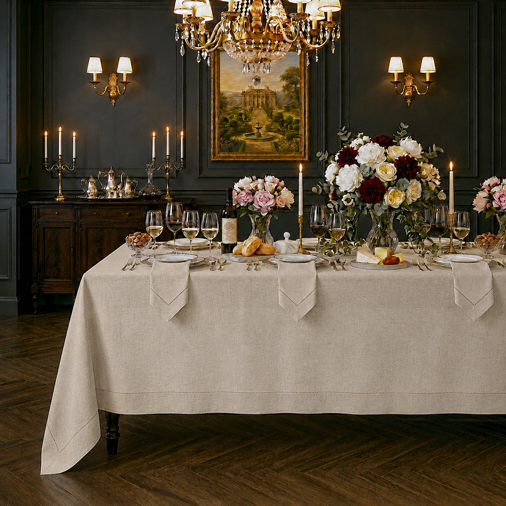 Natural pure linen tablecloth with hemstitch edge, 52 x 52 inches
