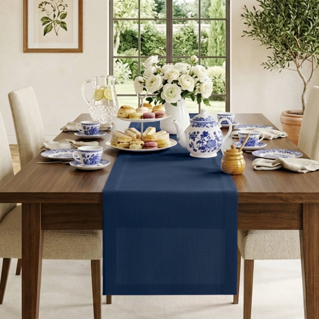 Navy blue pure linen table runner with mitered corners, 14 x 36 inches