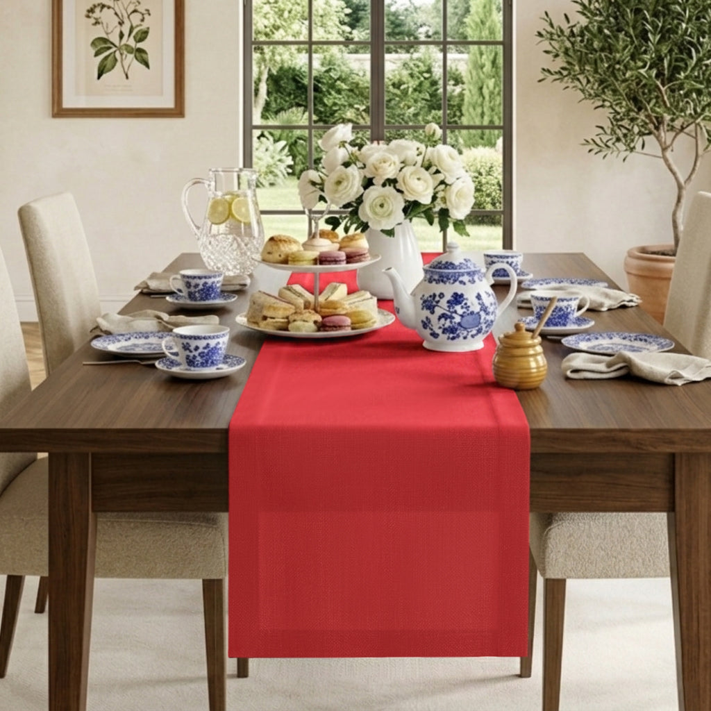 Bright red pure linen table runner with mitered corners, 14 x 36 inches