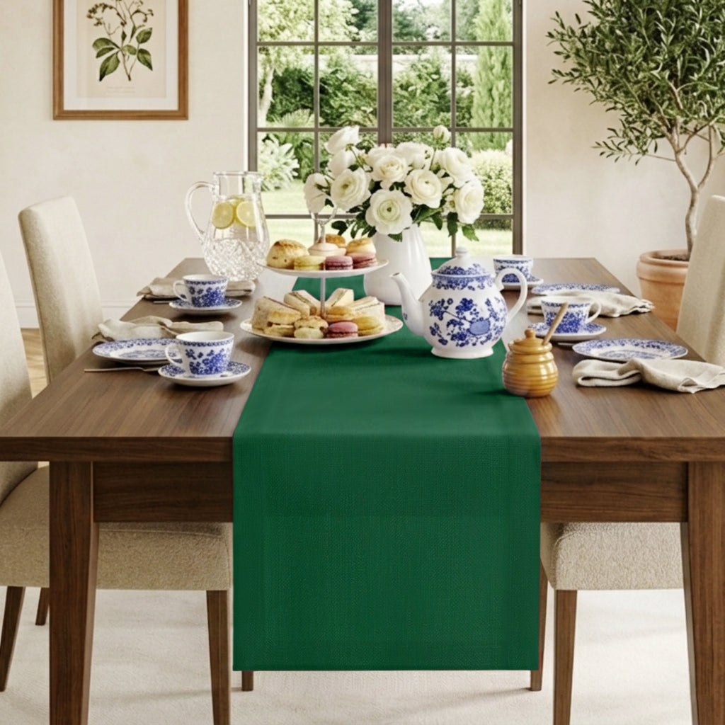 Forest green pure linen table runner with mitered corners, 14 x 36 inches