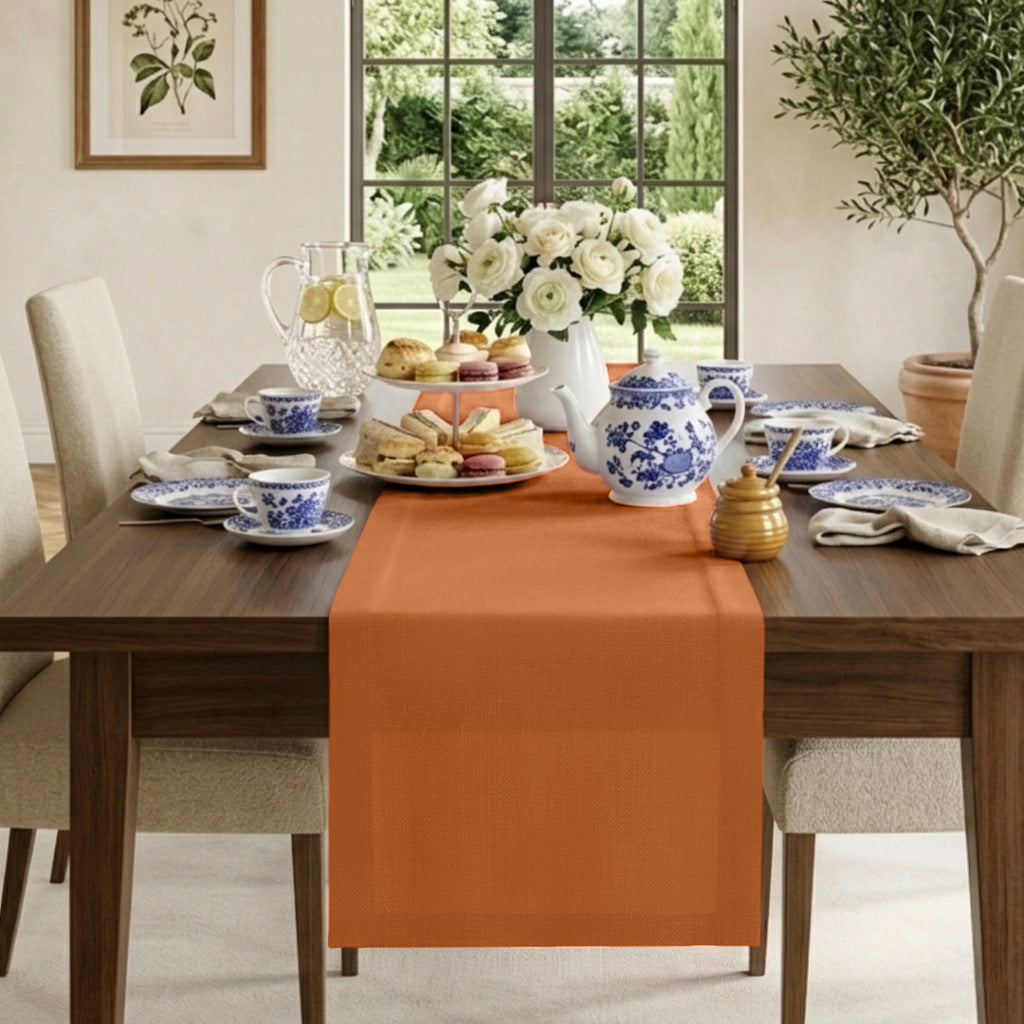 Rust pure linen table runner with mitered corners, 14 x 36 inches