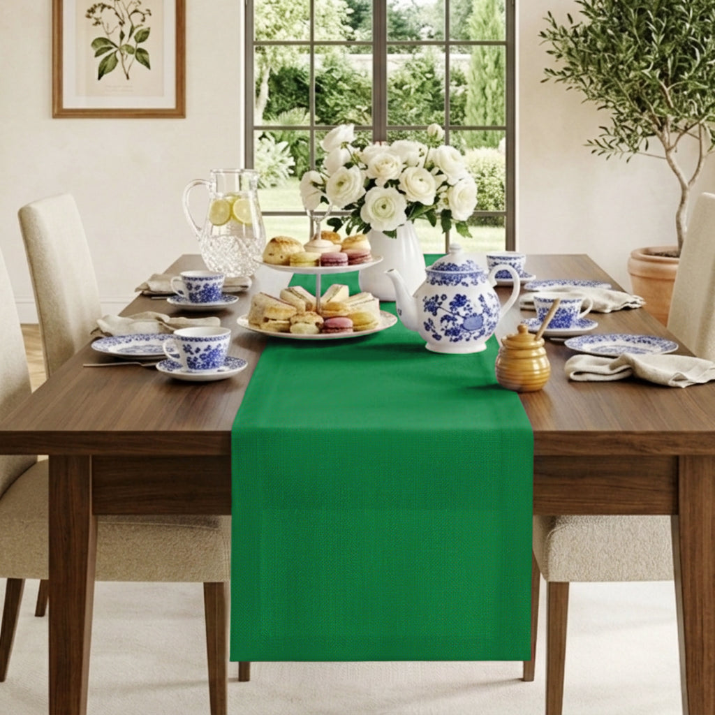 Kelly green pure linen table runner with mitered corners, 14 x 36 inches