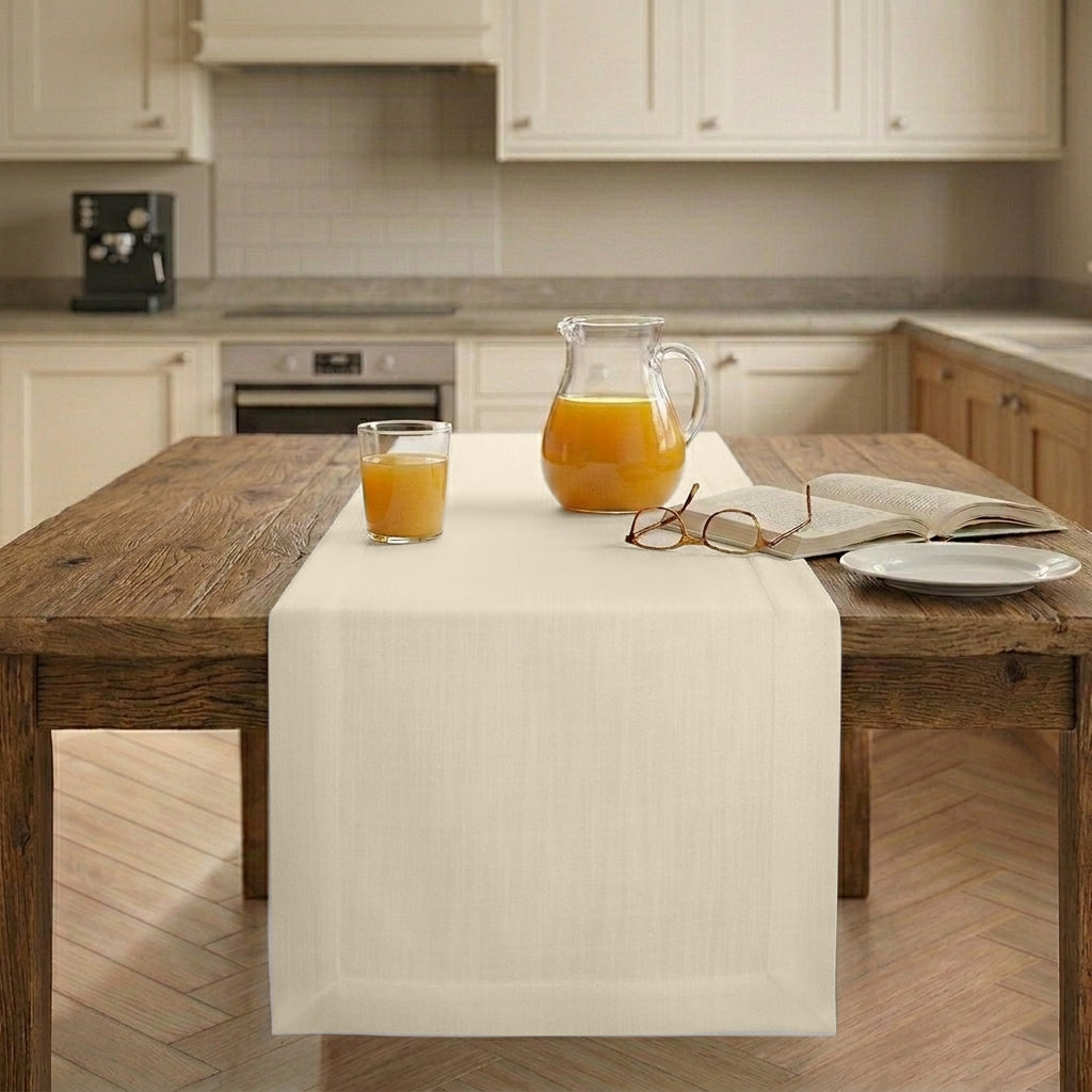 Ivory faux linen table runner with mitered corners, 14 x 36 inches