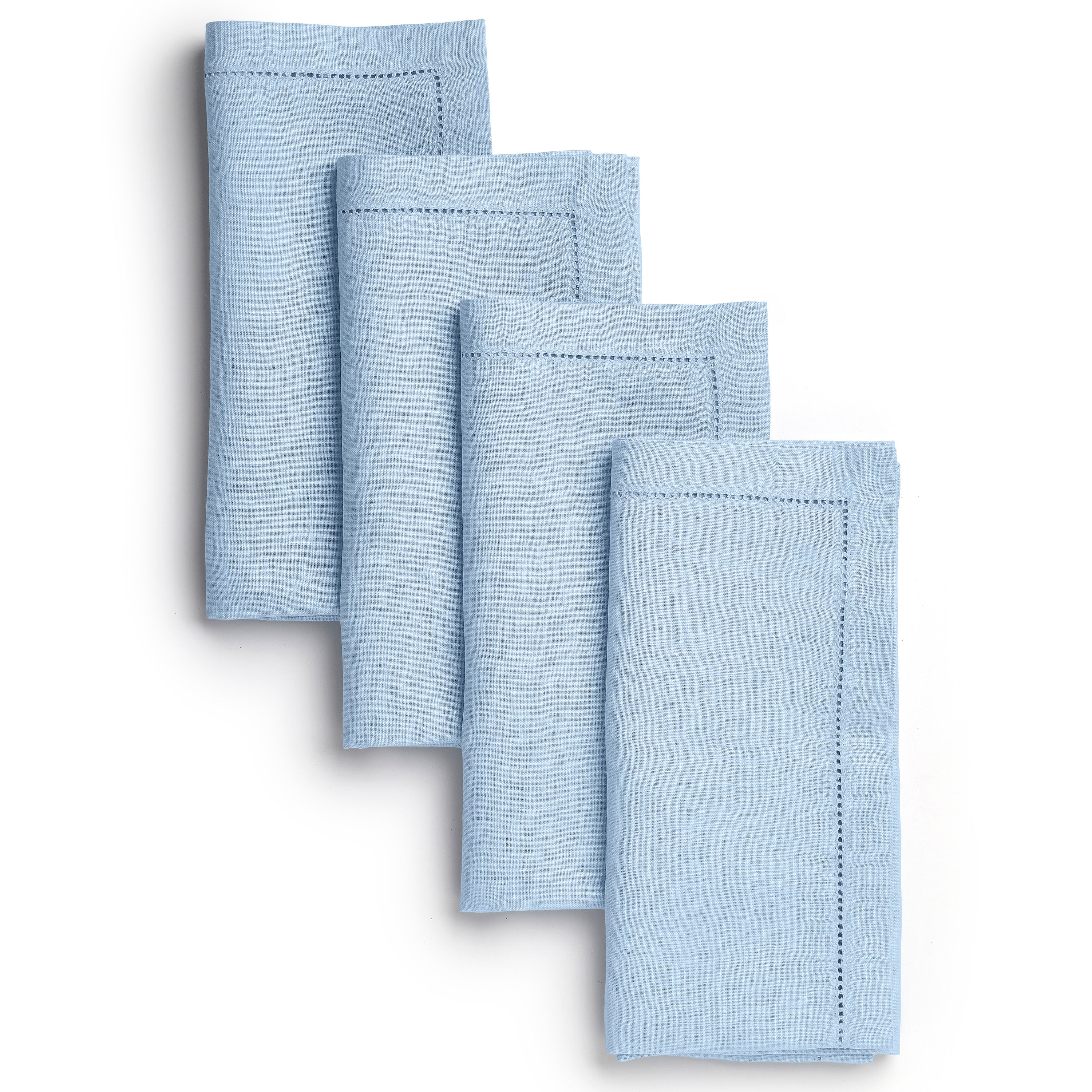 Powder blue pure linen dinner napkins with hemstitch edge, 20 x 20 inches, set of 4