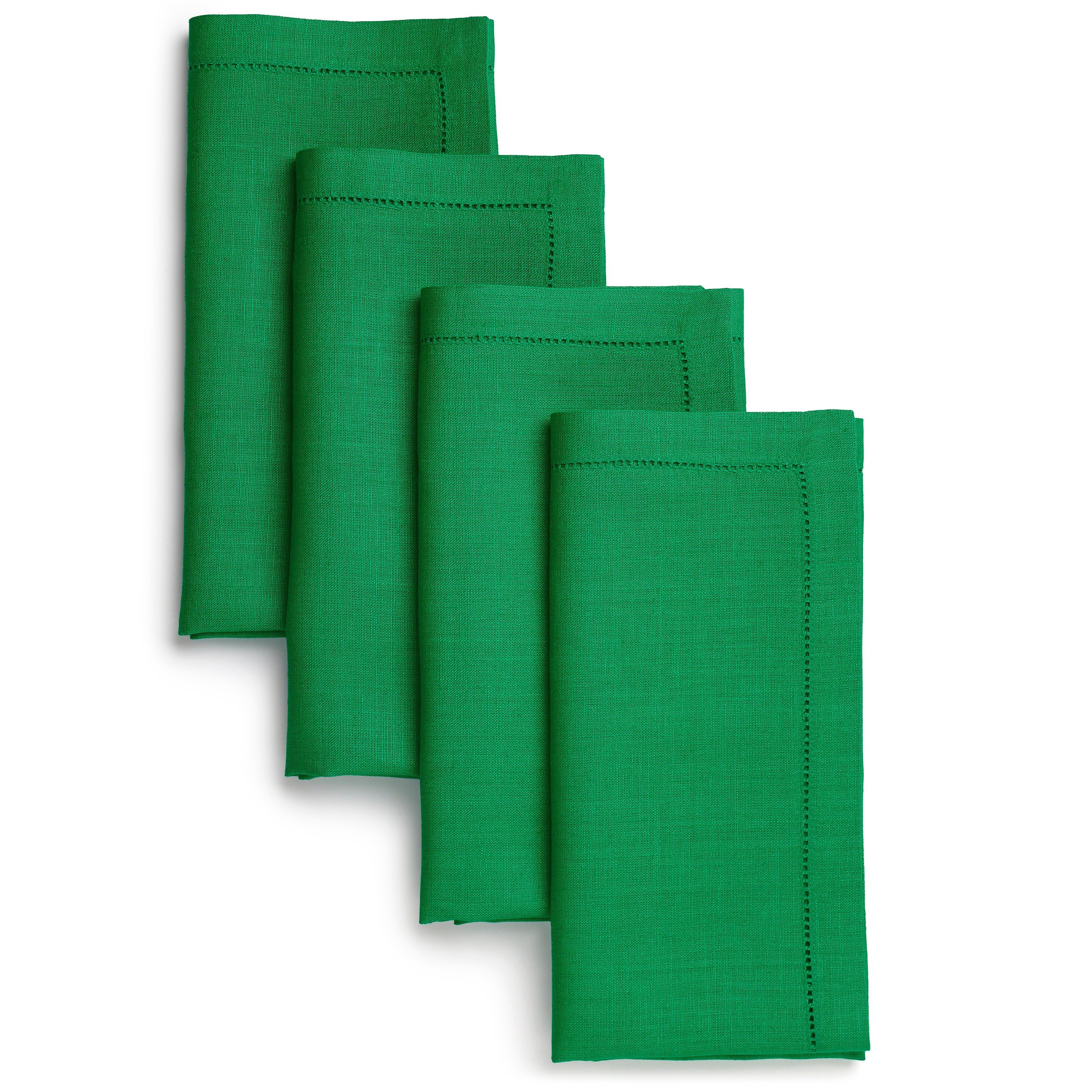 Kelly green pure linen dinner napkins with hemstitch edge, 20 x 20 inches, set of 4