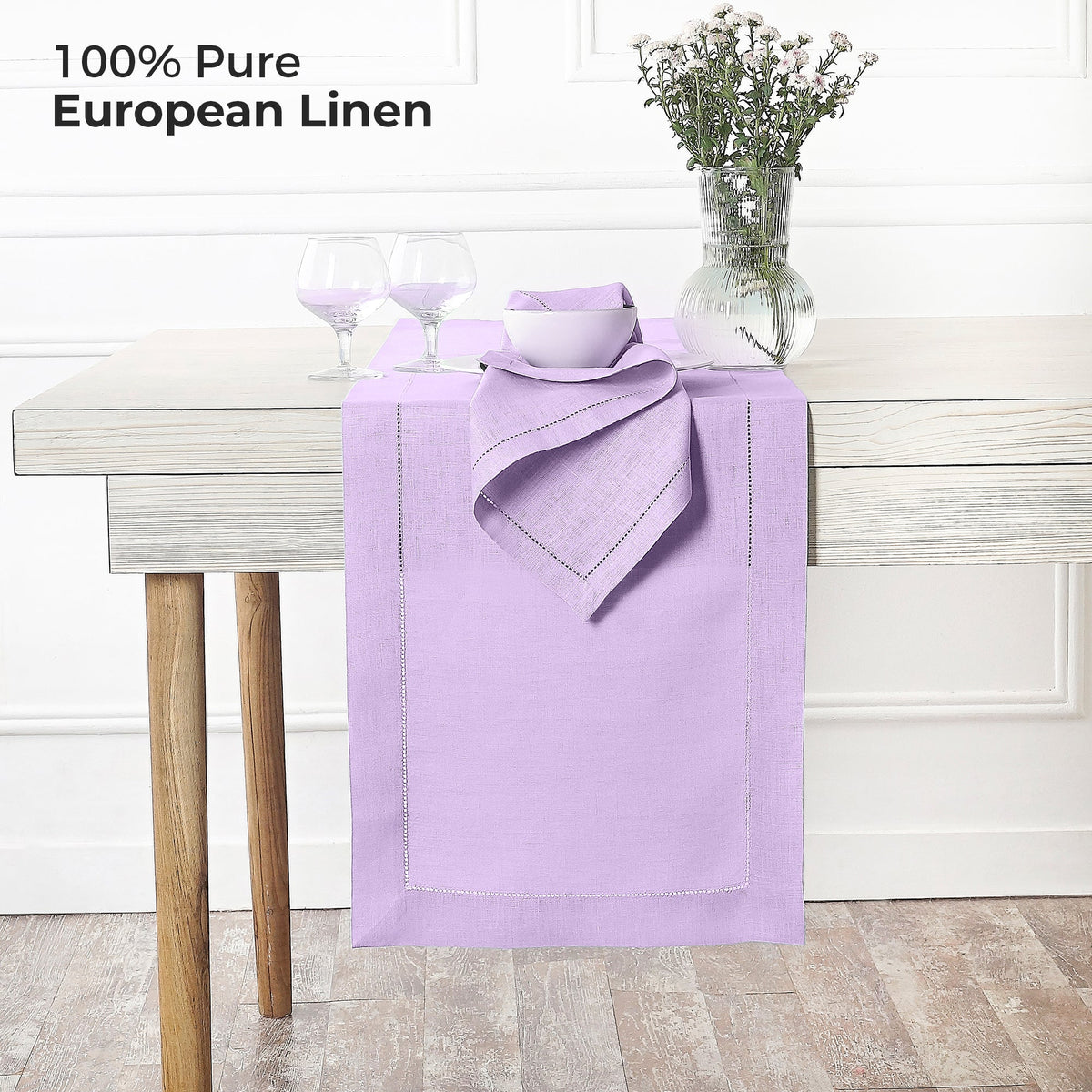 Lavender linen table runner styled on a dining table