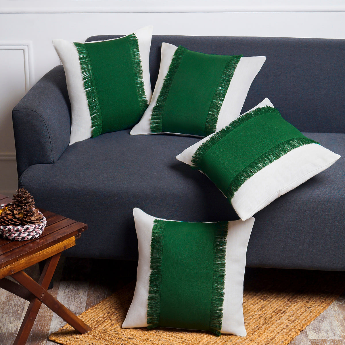 Bohemian Double Fringe Pillow Cover - White and Eden Green