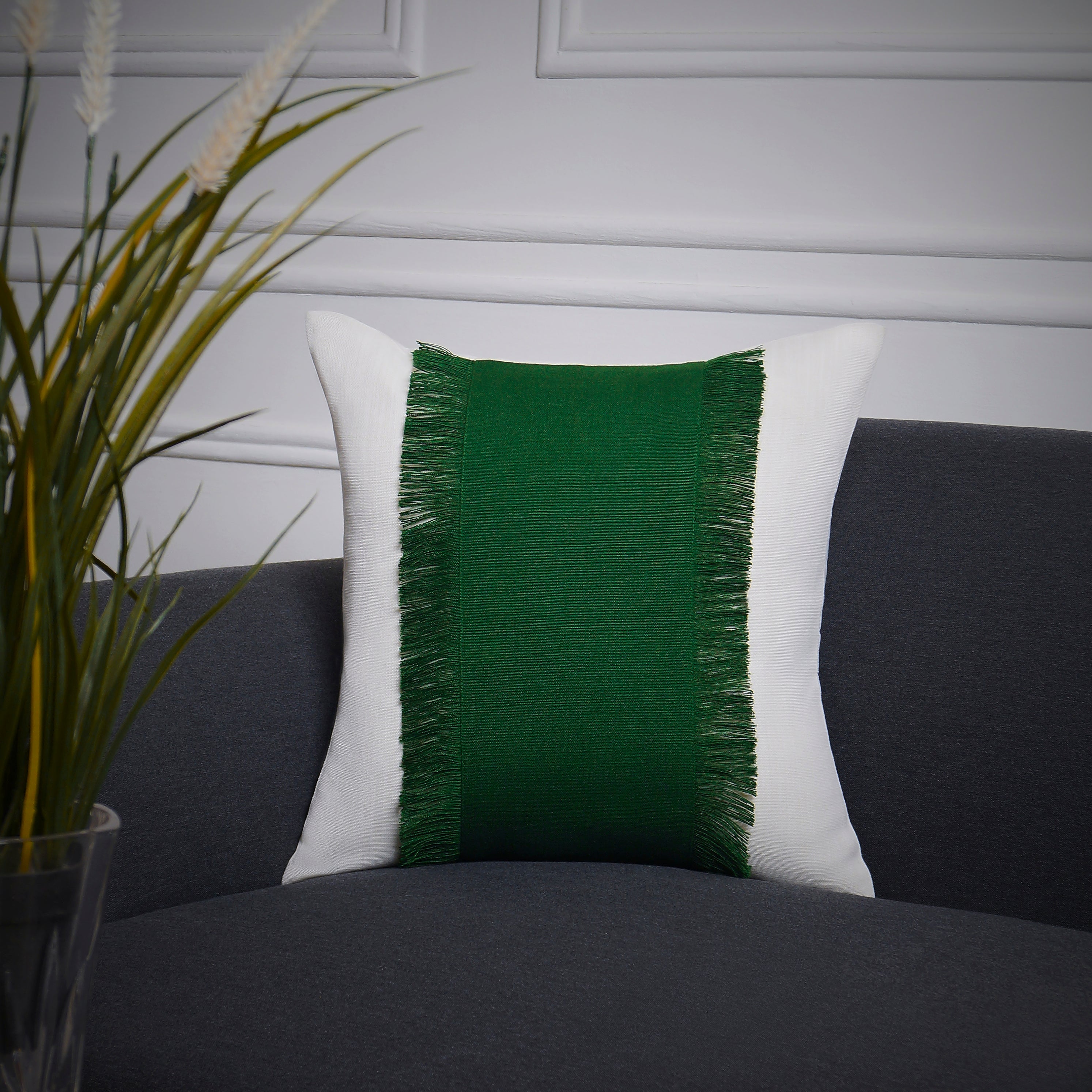 Bohemian Double Fringe Pillow Cover - White and Eden Green