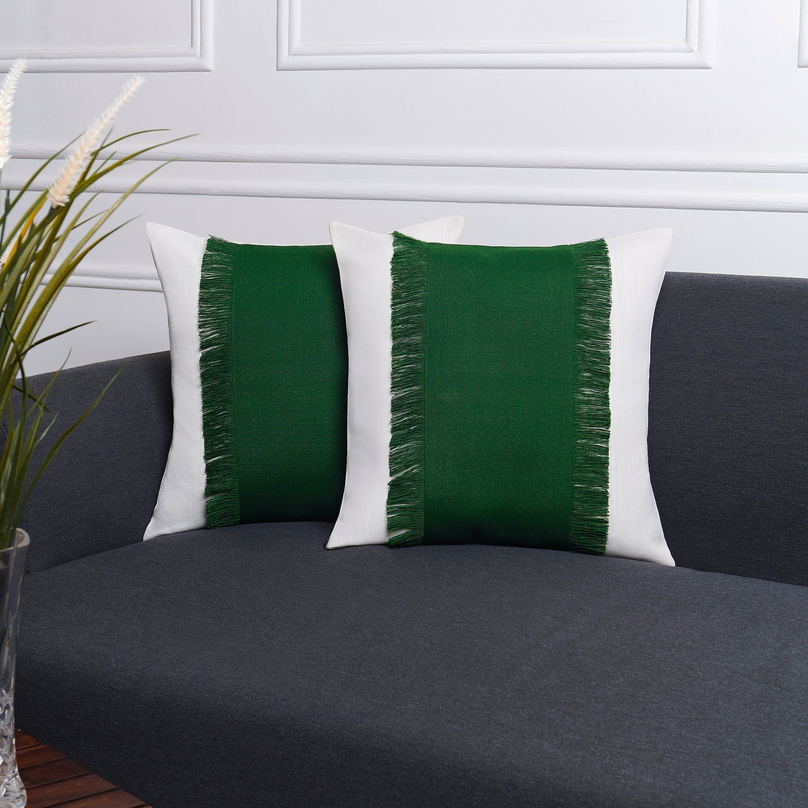 Bohemian Double Fringe Pillow Cover - White and Eden Green