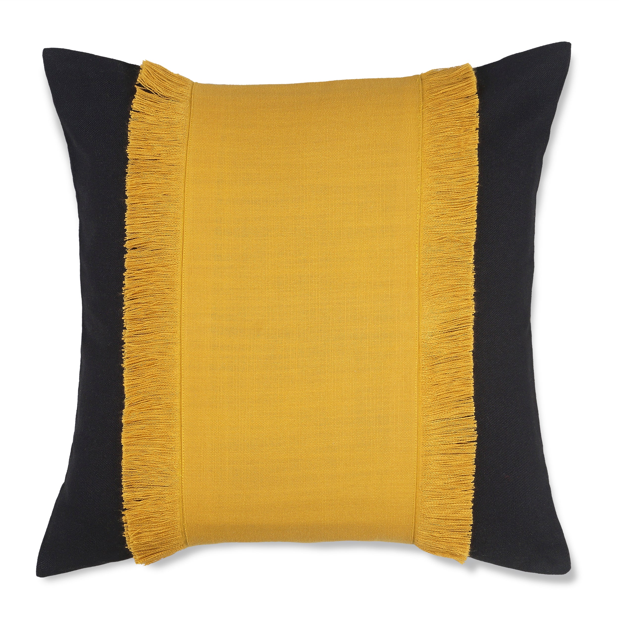 Bohemian Double Fringe Pillow Cover - Black and Mustard