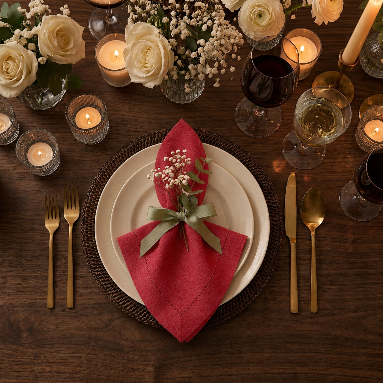 Bright red pure linen dinner napkins styled on a dining table