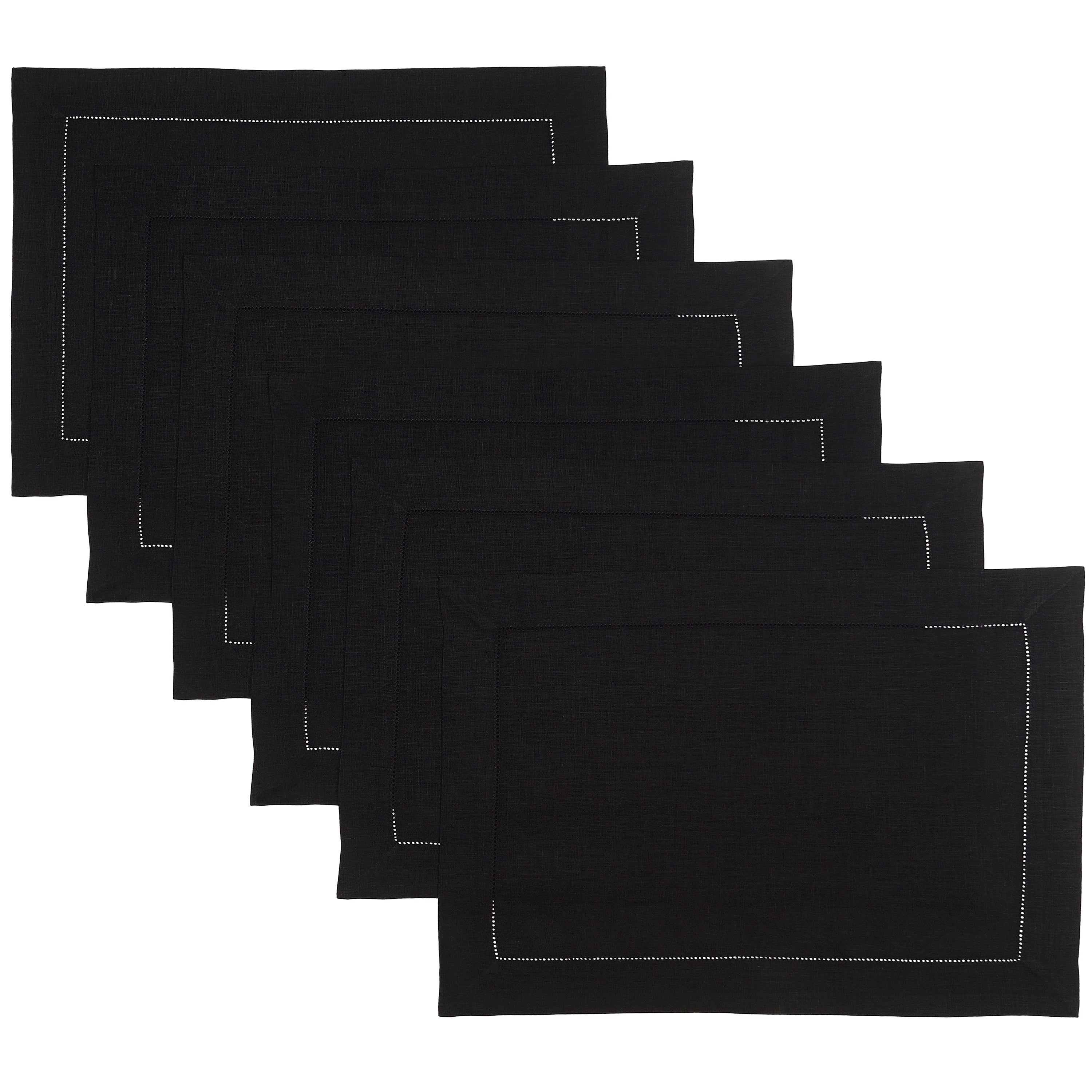 Black pure linen placemats with hemstitch edge, 14 x 19 inches, set of 6
