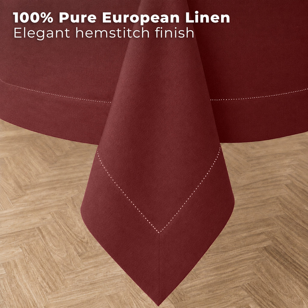 Dark red pure linen tablecloth styled on a dining table