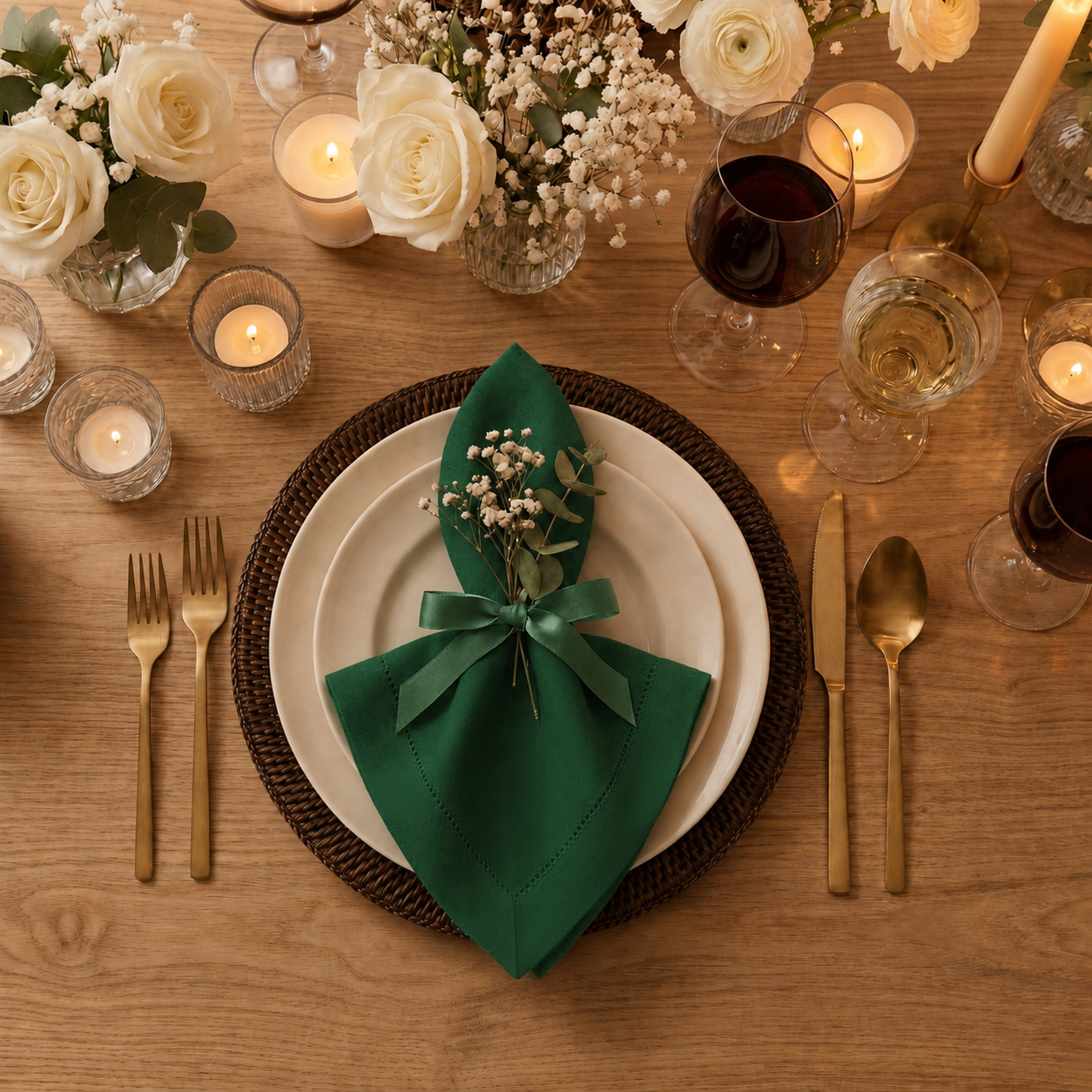 Forest green pure linen dinner napkins styled on a dining table