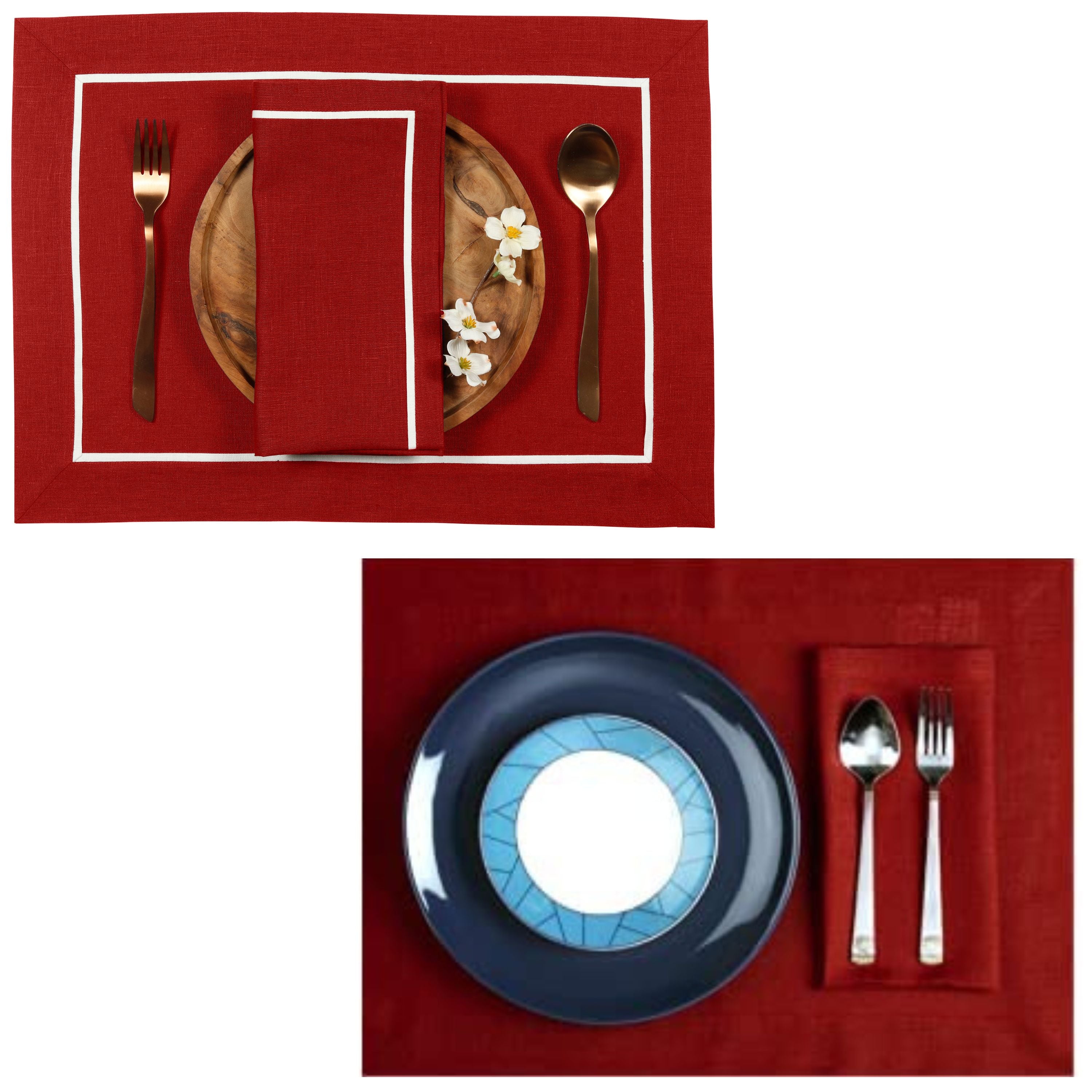 Red and white pure linen placemats styled on a dining table