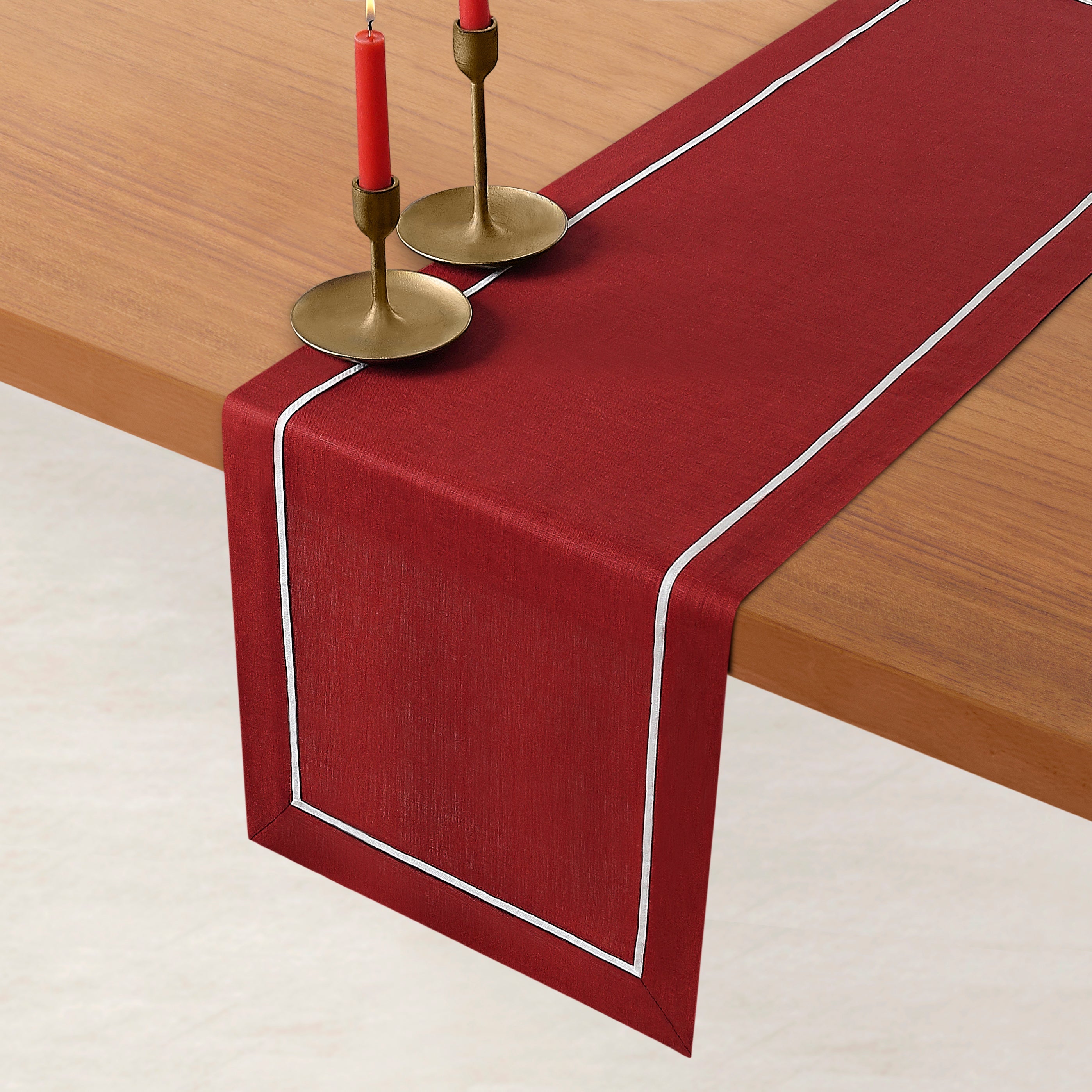 Red and White Pure Linen Table Runner - Reversible