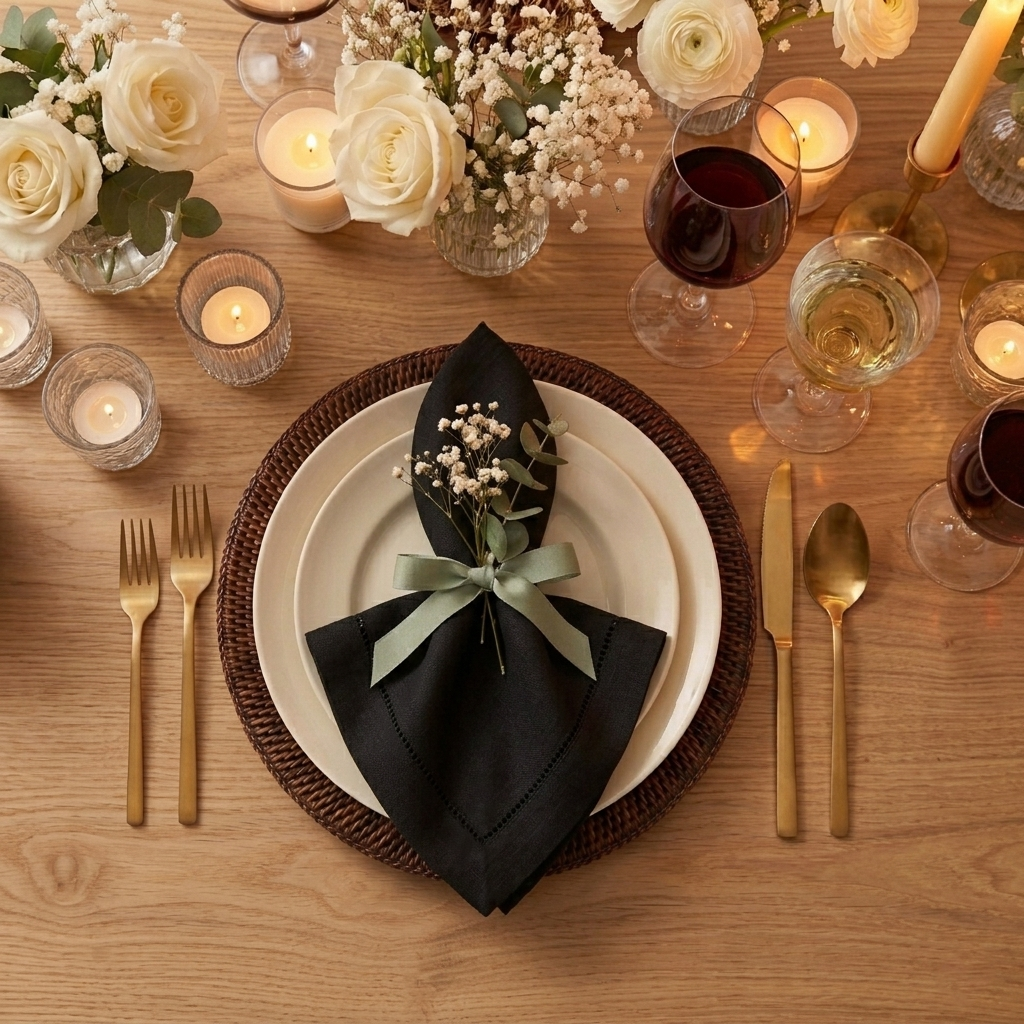 Black pure linen dinner napkins styled on a dining table