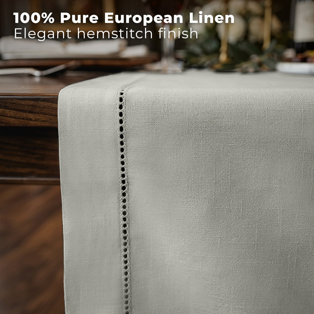 Silver grey pure linen table runner styled on a dining table